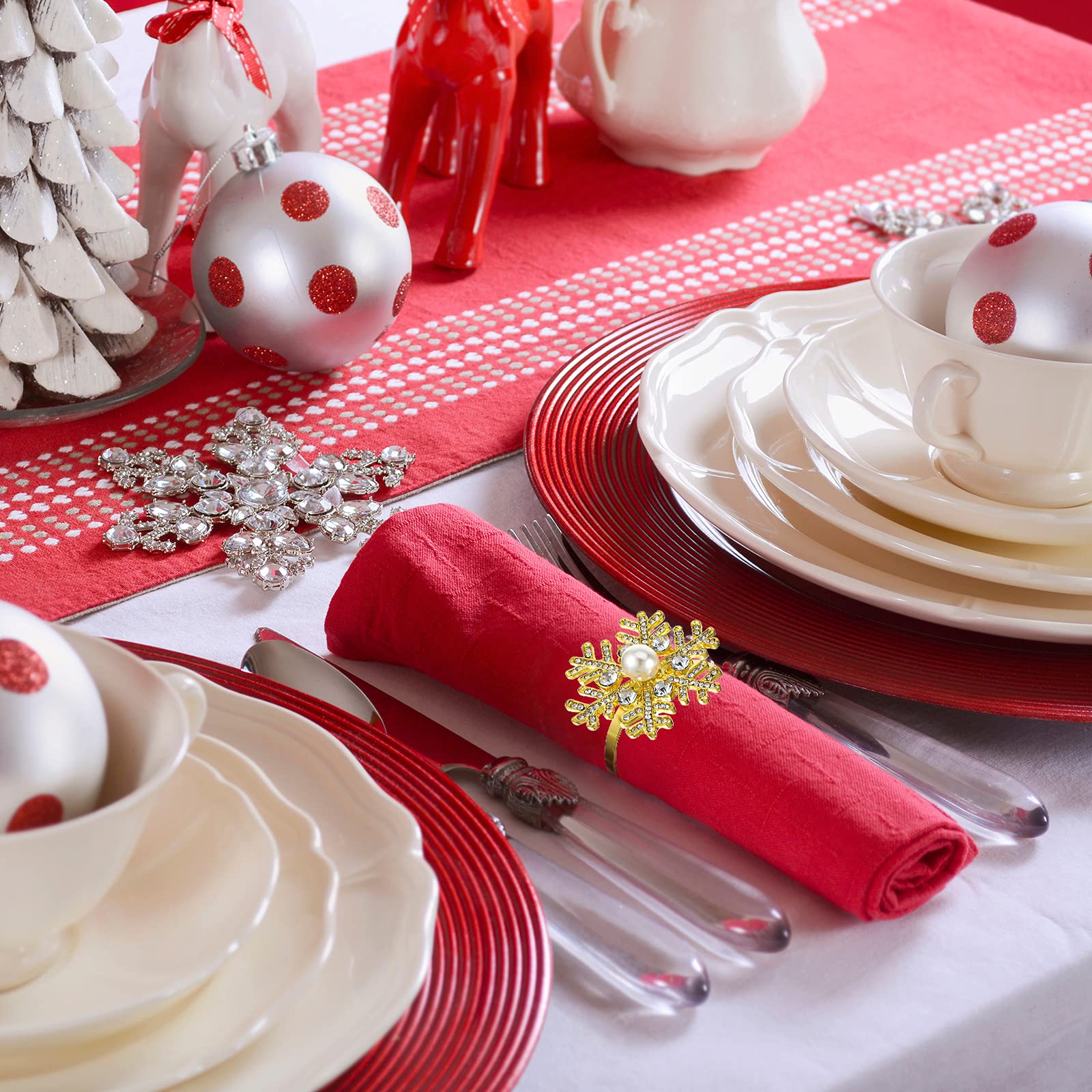 Patelai 6 Pcs Christmas Napkin Rings - Silver Metal Leaf, Reindeer & Snowflake Designs