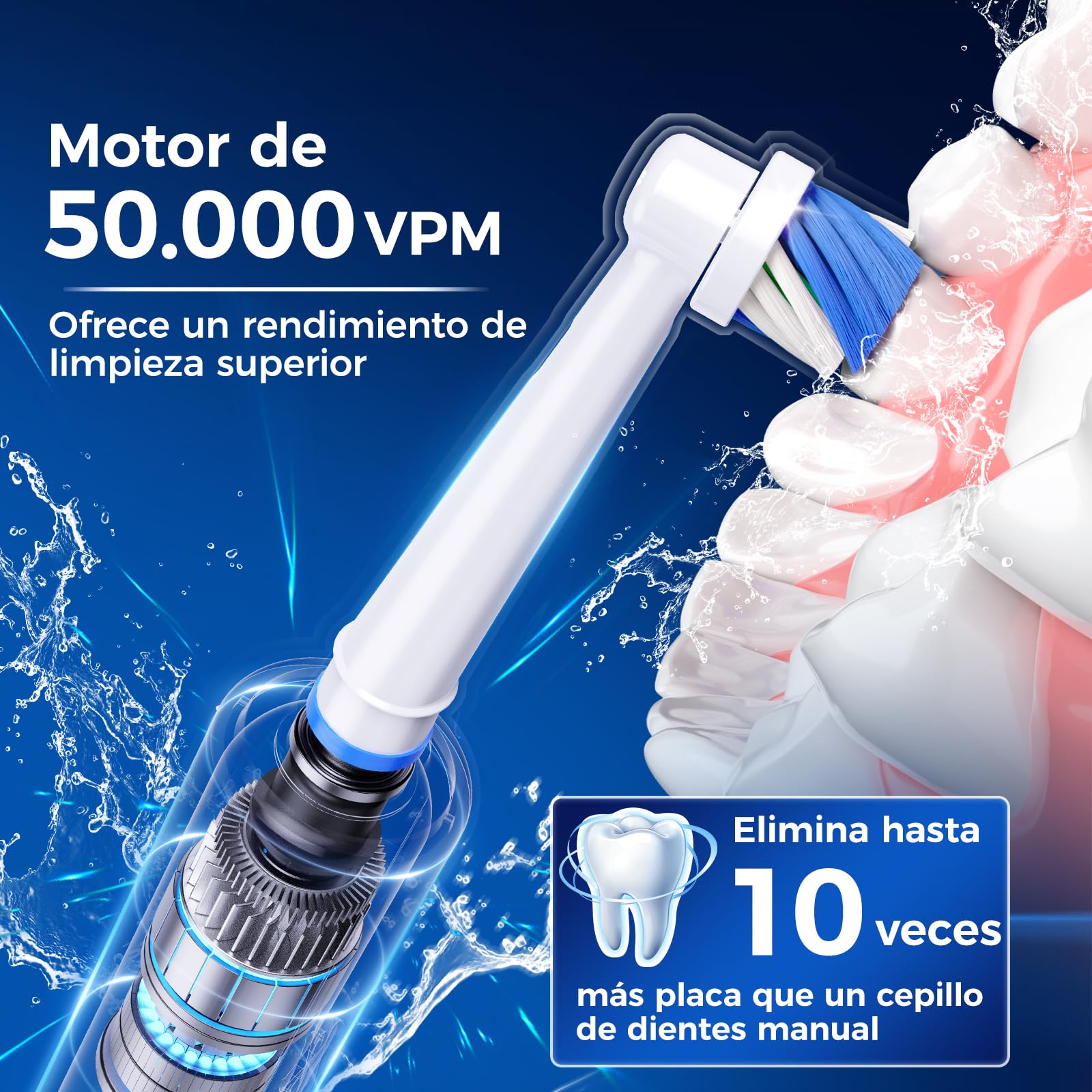Cepillo de dientes eléctrico rotatorio con cabezal redondo, 3 intensidades y 5 modos, cepillo eléctrico con 8 cabezales, temporizador 2 minutos, IPX7, batería hasta 120 días, estuche de viaje