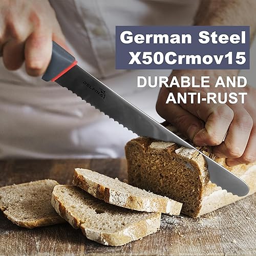 Miniatura 3 de DELFINA Cuchillo de pan de 10 pulgadas para masa madre de pan casero con agarre suave, cuchillo de pan dentado, borde ondulado, con funda para panes