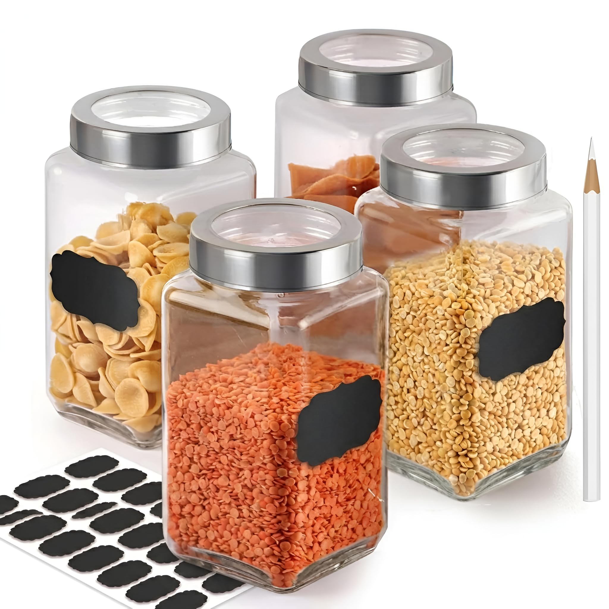 Vency Set of 4(1000ml) Square Glass Jars with Airtight Steel See-Through Lids, Free Pencil & Stickers - Clear Kitchen Storage Containers for Pantry, Masala, Snacks, Dry Fruits, Pickles & Coffee Beans
