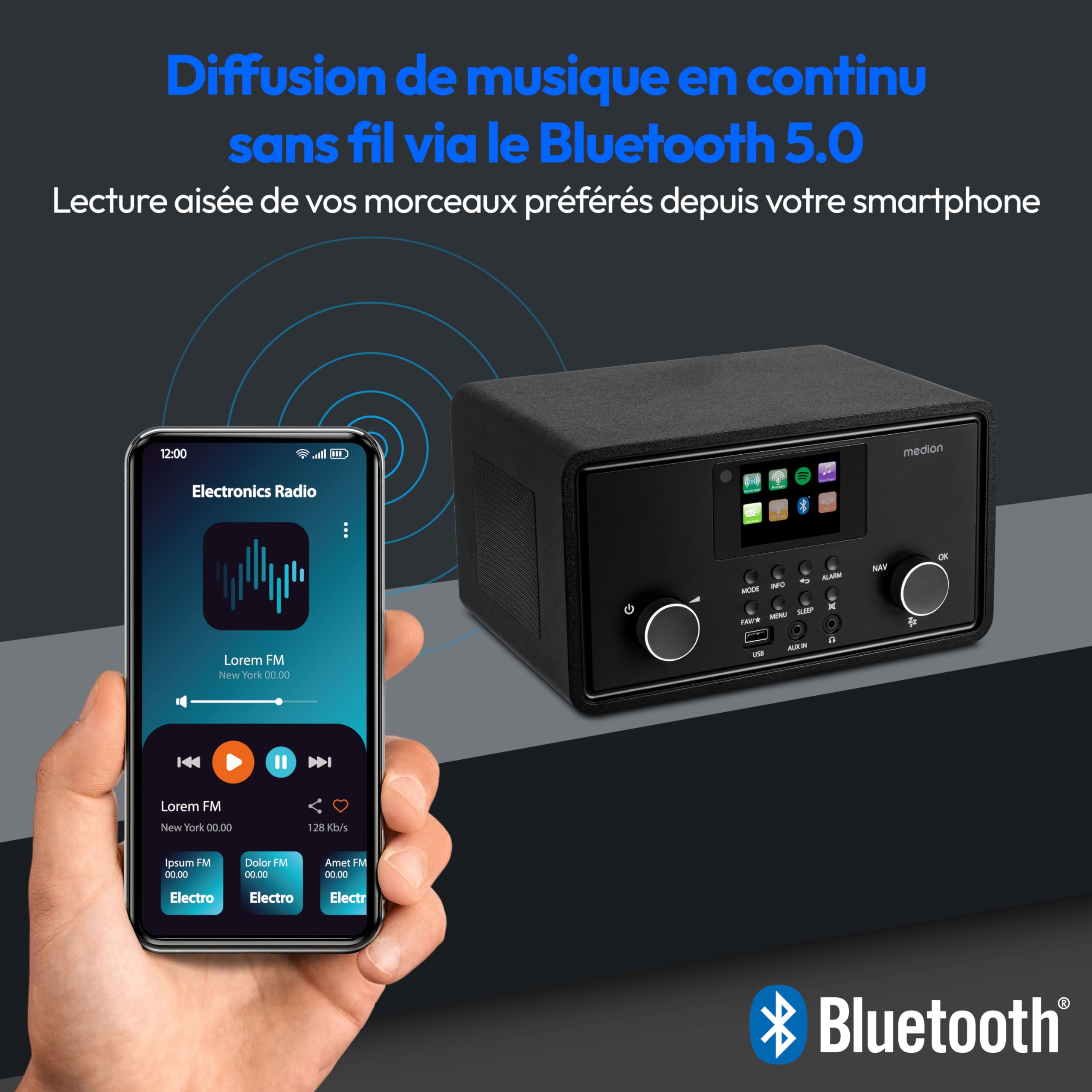 MEDION Radio Internet P85027 (Dab Plus, Radio FM, Spotify Connect, WLAN, Bluetooth, Streaming, égaliseur, écran Couleur, USB, AUX, réveil, Fonction Snooze, minuterie d'arrêt) Noir