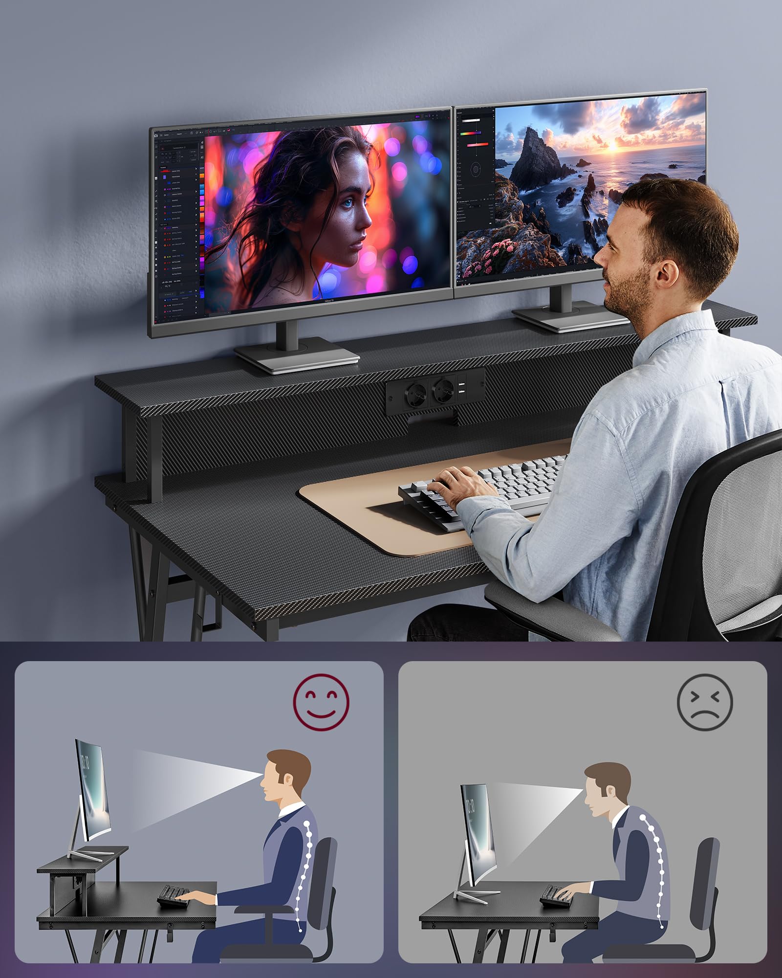 VASAGLE Biurko, stół do gier z wbudowaną listwą zasilającą, biurko komputerowe, ze stojakiem na monitor na 2 monitory, sypialnia, 60 x 100 x 76 cm, węgiel czarny LWD191B02