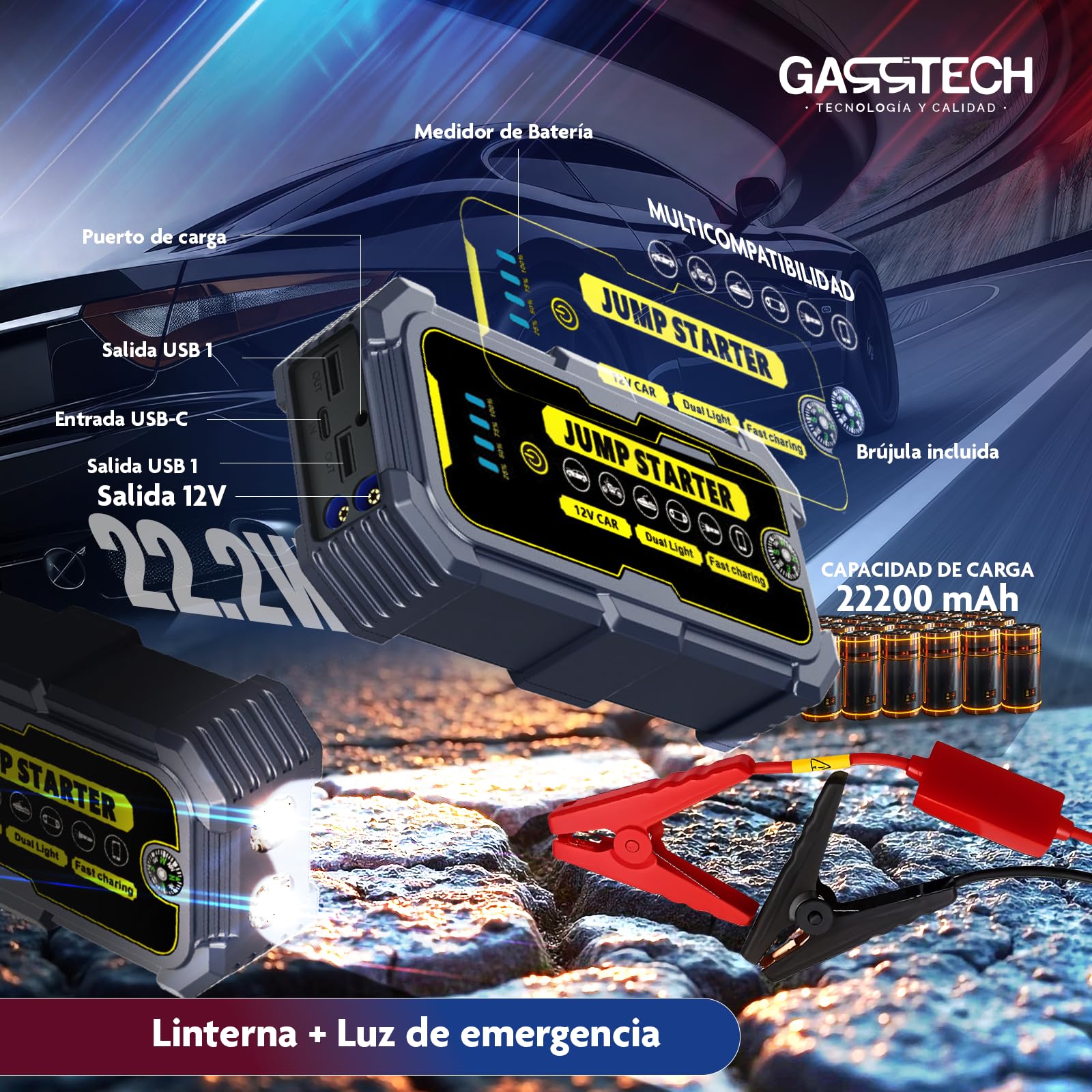 GARRTECH® SUPER Arrancador De Baterias De Coche 10.000A ULTRA RÁPIDO | Arrancador De Coches 12V Para Motor 10L Gas o 9.0L Diésel | Arrancador De Coches Portatil con pinzas | Linterna Led De Emergencia