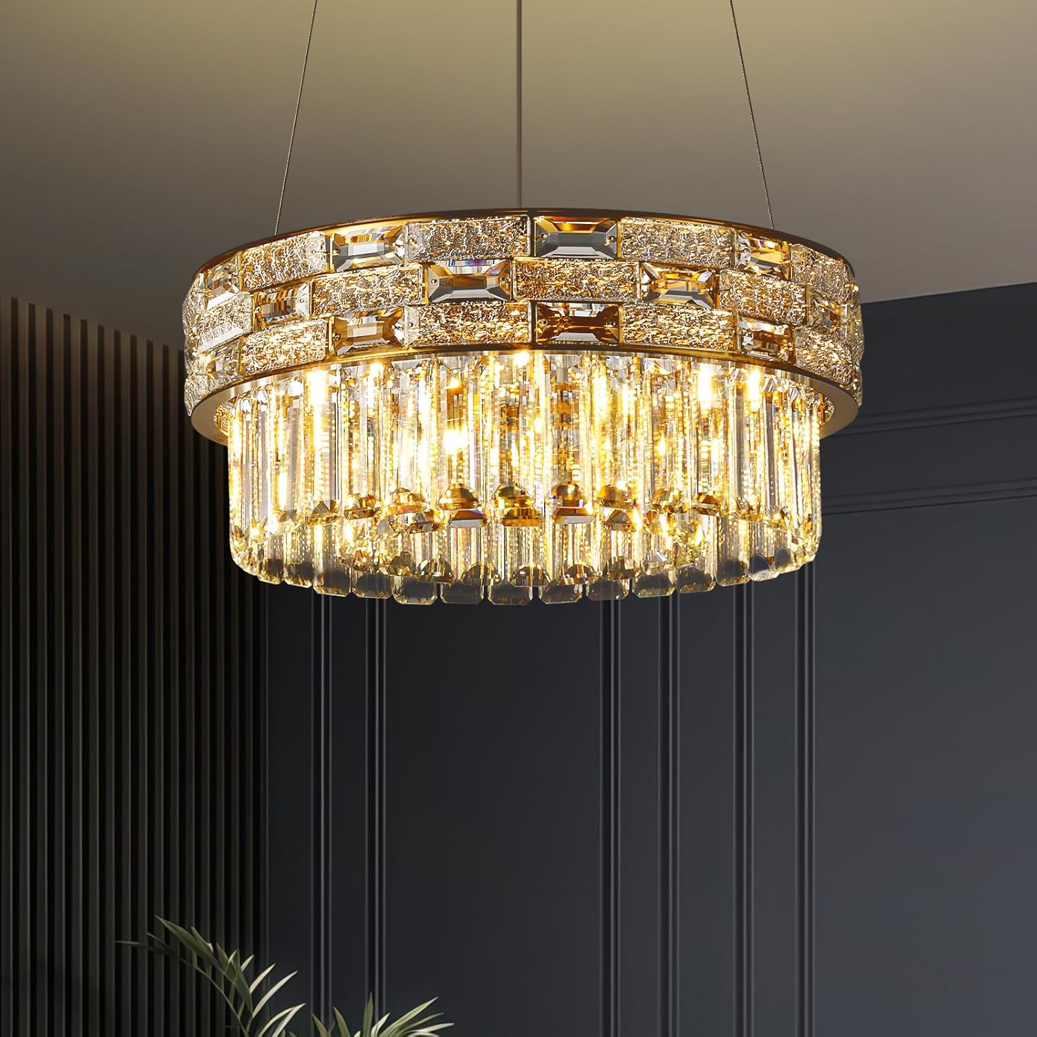 Crystal Chandelier, 16.5" 6-Light Small Chandelier for Living Room, Round Chandeliers for Bedroom Dimmable, Foyer Chandeliers for Entryway, Gold Ceiling Light Fixture Hanging Lights