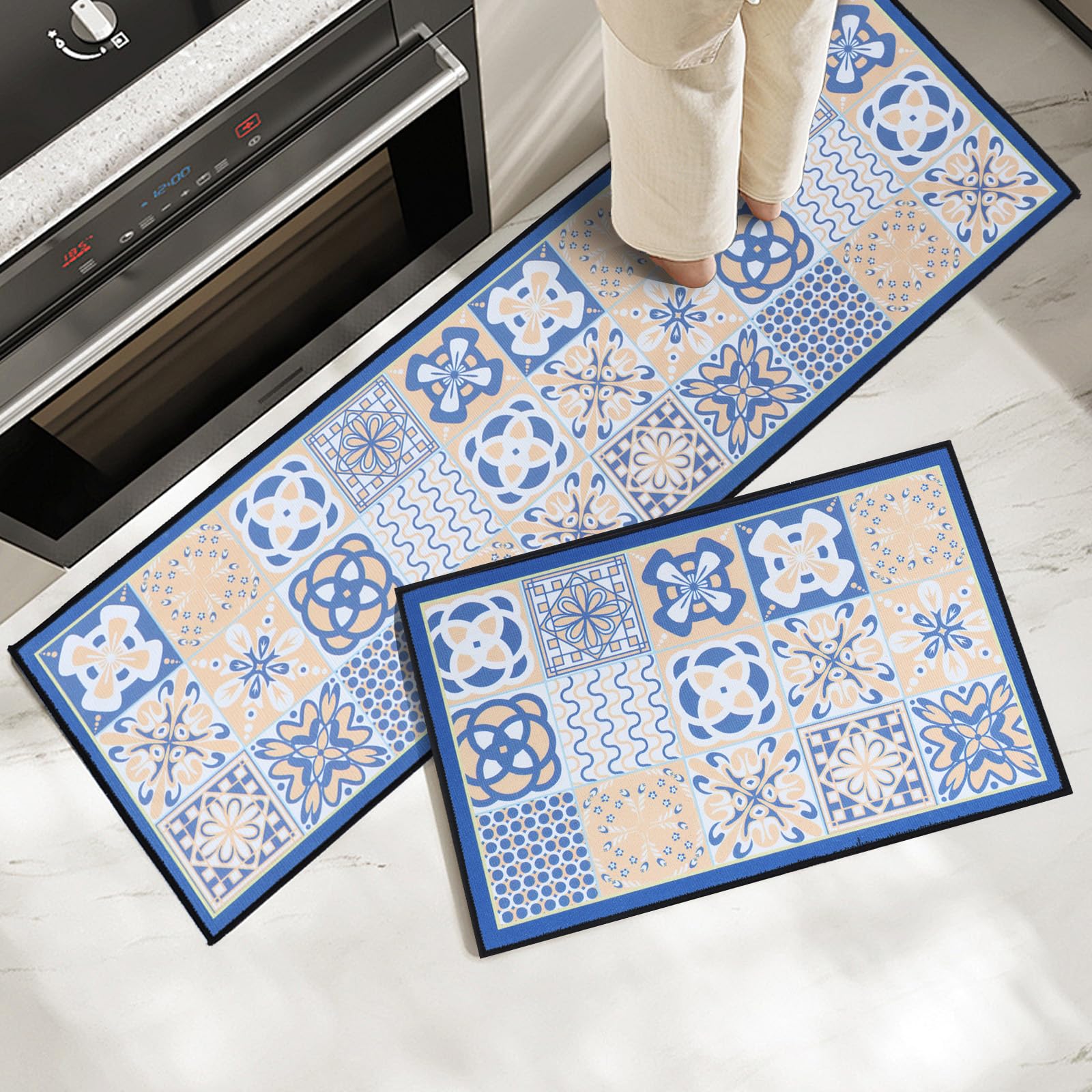 Set 2 Tappetini Da Cucina Antiscivolo - 43x75 Cm + 43x150 Cm, In PVC, Impermeabili, Lavabili, Per Corridoio E Bagno