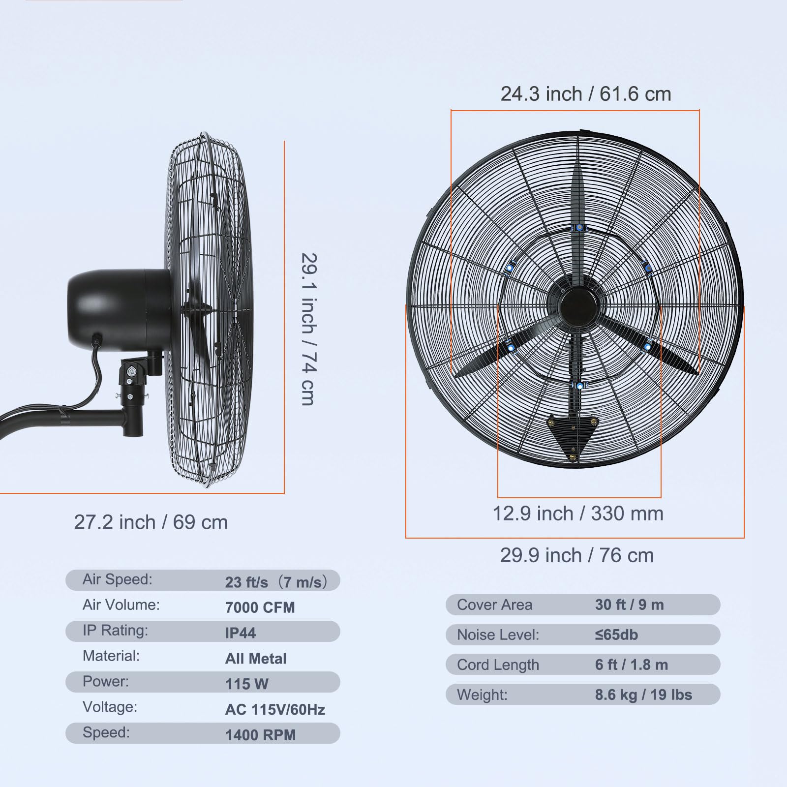 VEVOR Ventilatore da Parete, 61,6 cm 3 Velocità ad Alta Velocità, Ventilatore da Parete Industriale Oscillante Impermeabile 115 W Commerciale o Residenziale per Magazzino, Serra, Officina, Nero