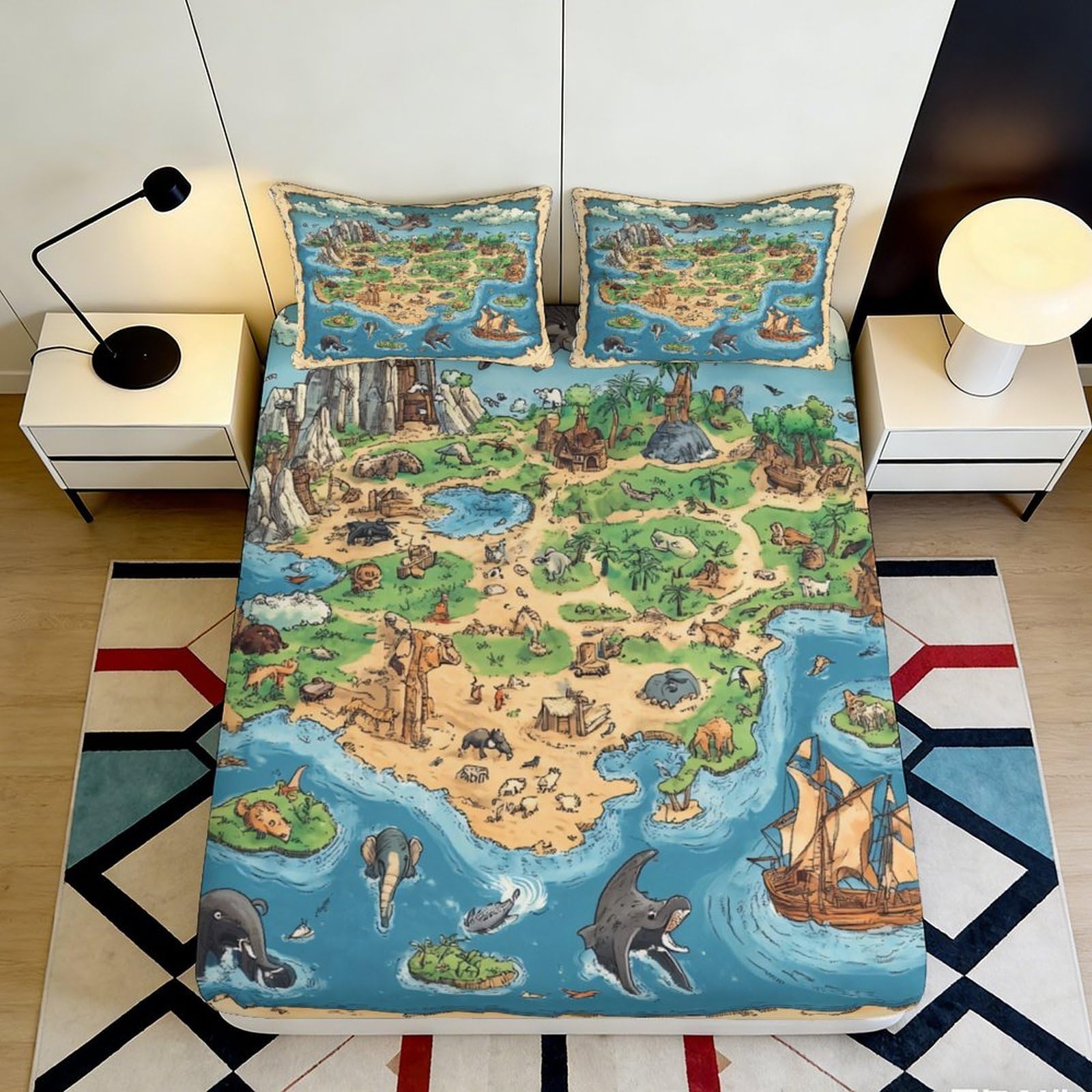 3D Printed Treasure Island Fitted Sheet Microfiber Pirate Map Mattress Cover Anti-Slip Washable for Bedroom Dorm Home Decor 90x200x25cm