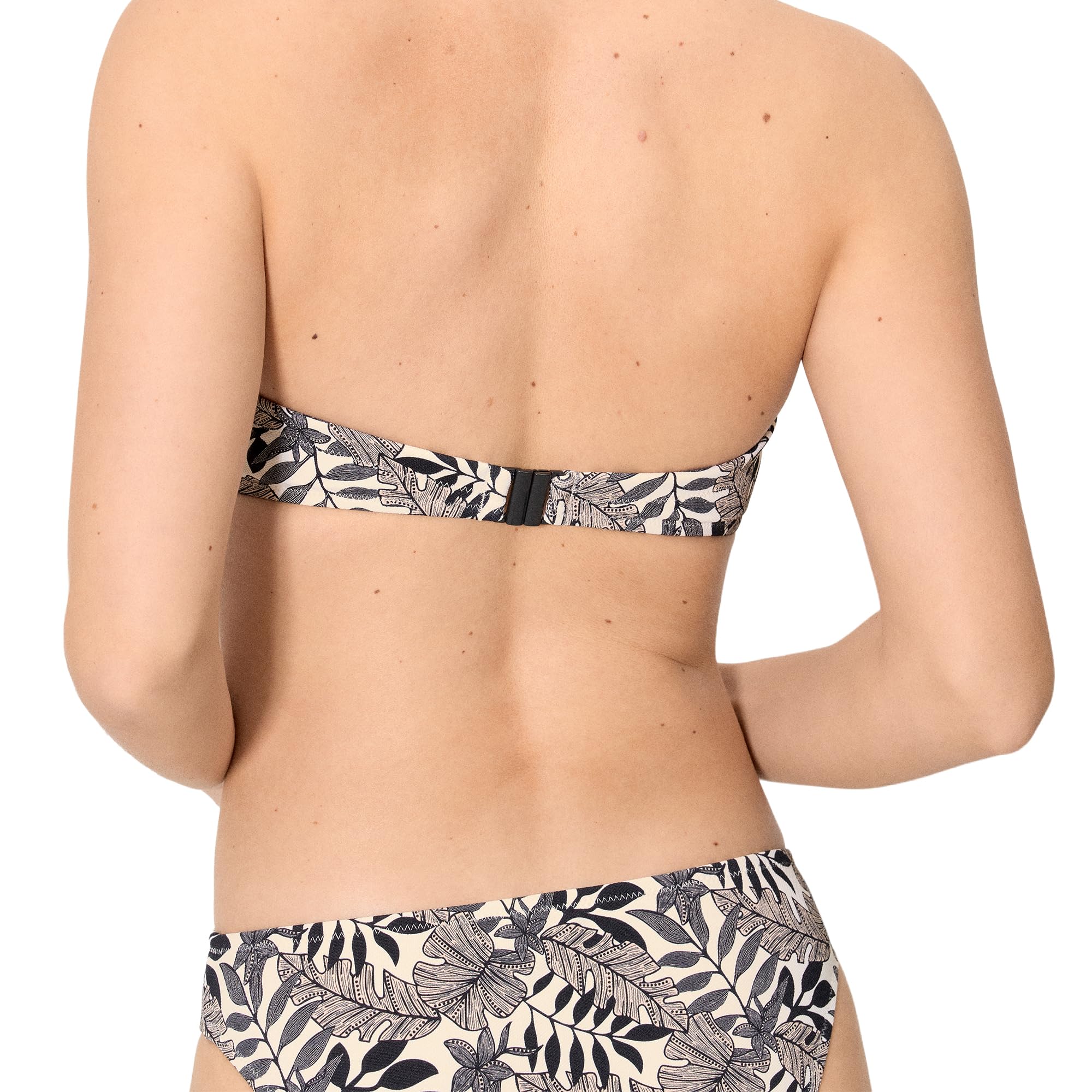 YSABEL MORA. Top Bikini Bandeau Hojas Micropiqué Negro Copa B. Top De Bikini Bandeau con Aro Y Relleno. Tirantes Desmontables Anudados Al Cuello Colección Vanila.