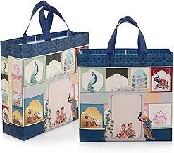 Lavya Medium Size Pack of 10 Pcs Reusable Non-Woven Laminated Gift Bags, Wedding Gifts, Shagun, Festival Gifting, Saree Mithai Gold, Silver Carry Bag (Wedding Celebration Blue, M-13x12.5x4)