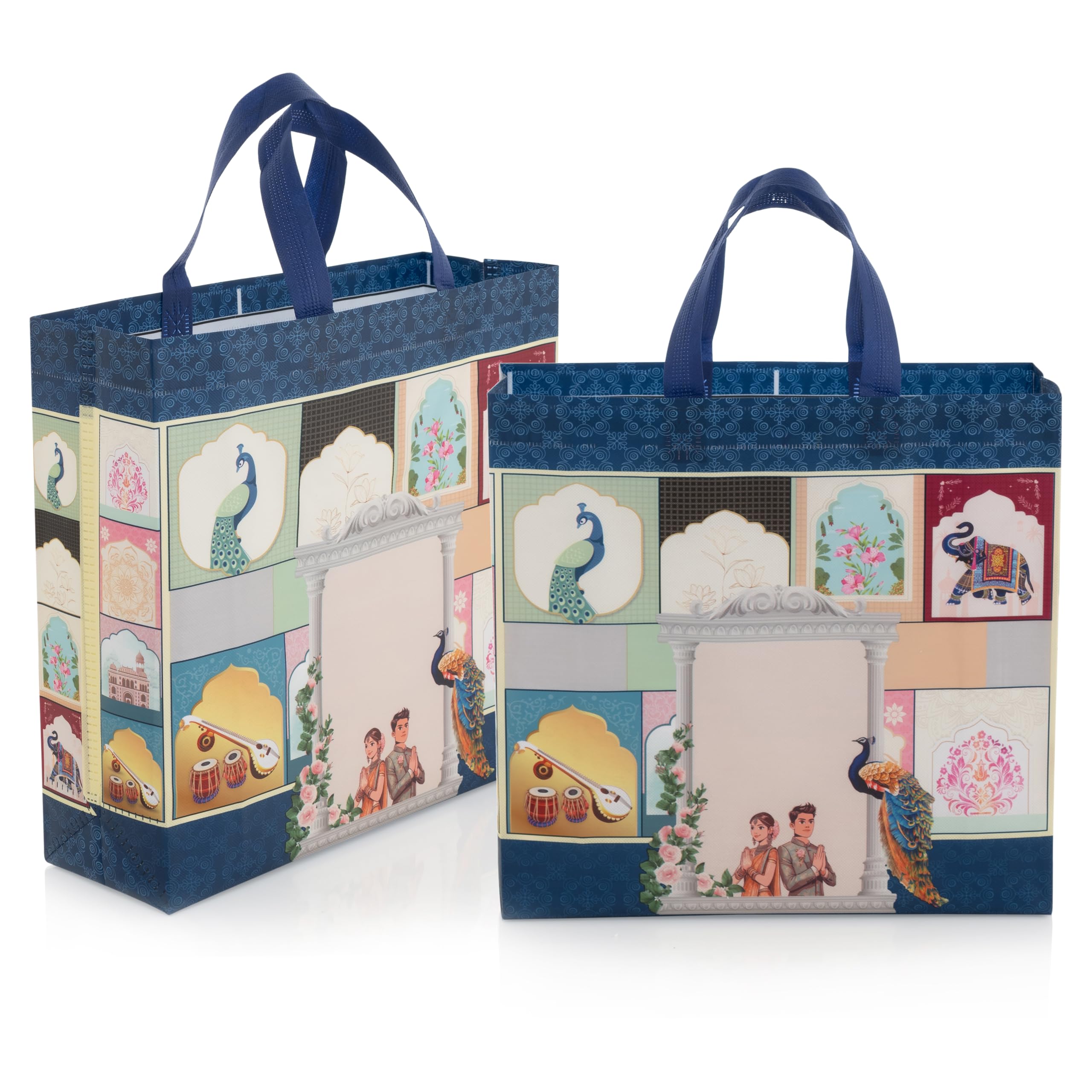 Lavya Medium Size Pack of 10 Pcs Reusable Non-Woven Laminated Gift Bags, Wedding Gifts, Shagun, Festival Gifting, Saree Mithai Gold, Silver Carry Bag (Wedding Celebration Blue, M-13x12.5x4)