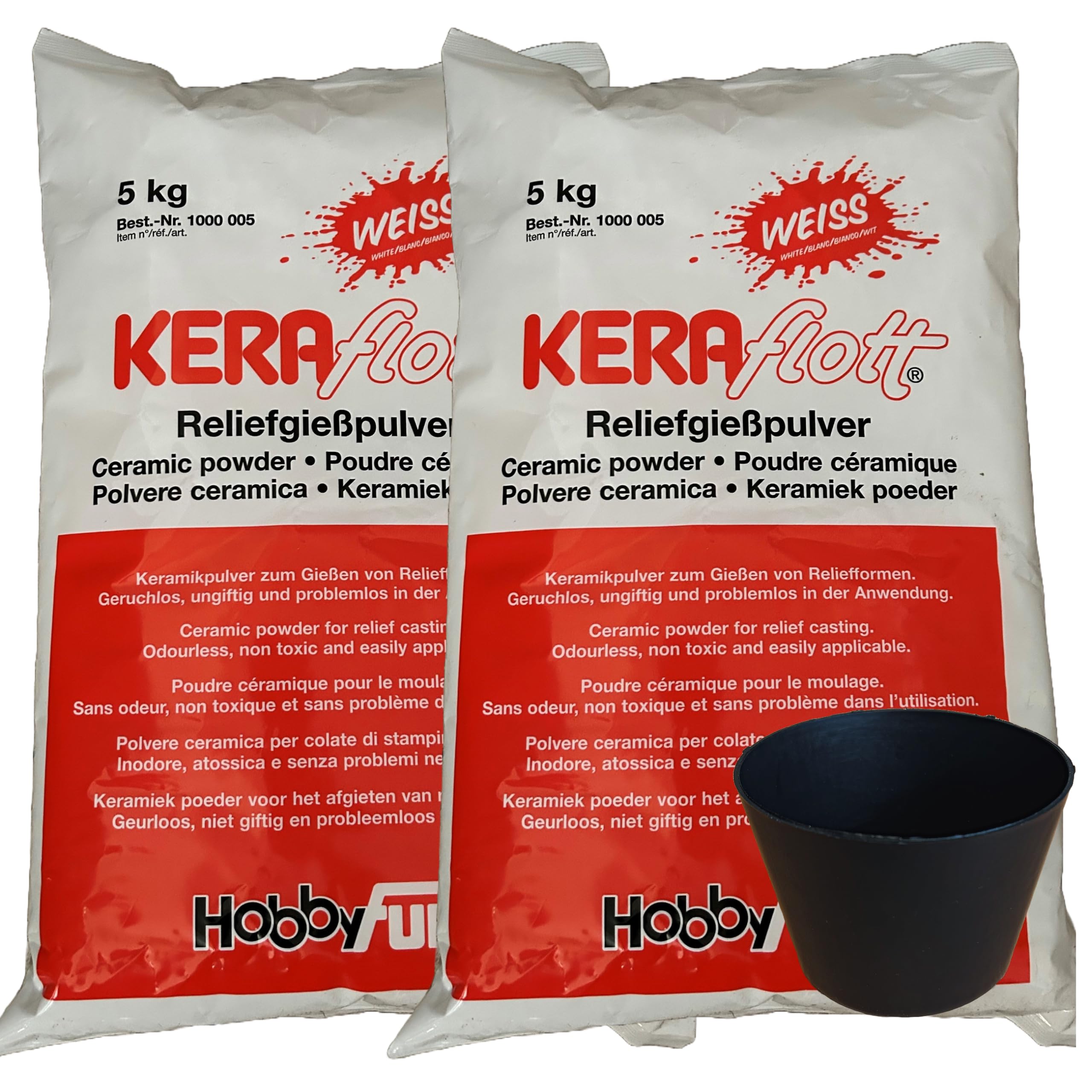 KERAflott Reliefgießpulver weiß 10 kg (2x 5 kg) mit Gipsbecher in schwarz (Durchmesser: 125 mm und Höhe 90 mm)