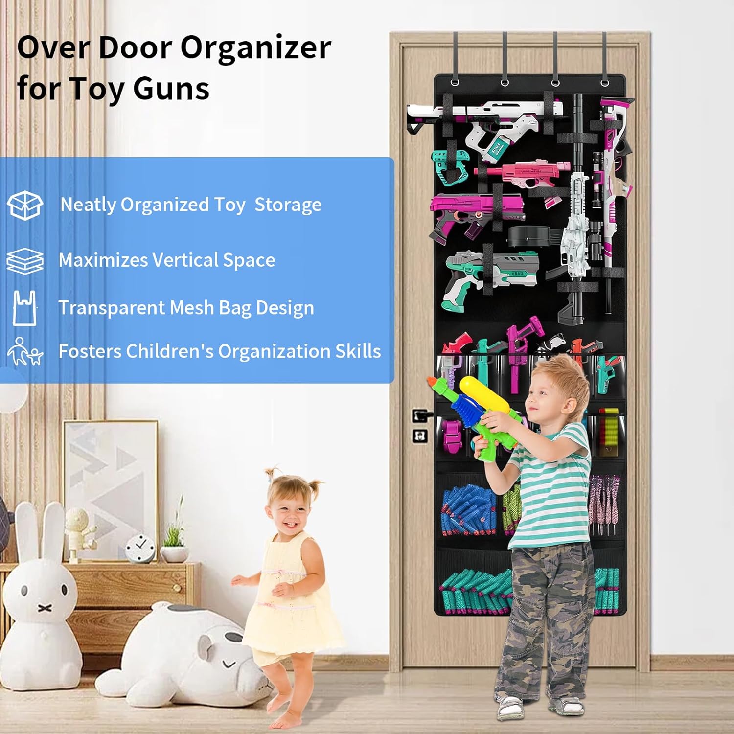 Over Door Organizer for Toy Guns, Door Hanging Toy Holder for Kids Rooms Game Rooms, with Pockets and Slots, for Darts Goggles Foam Blasters (Black)