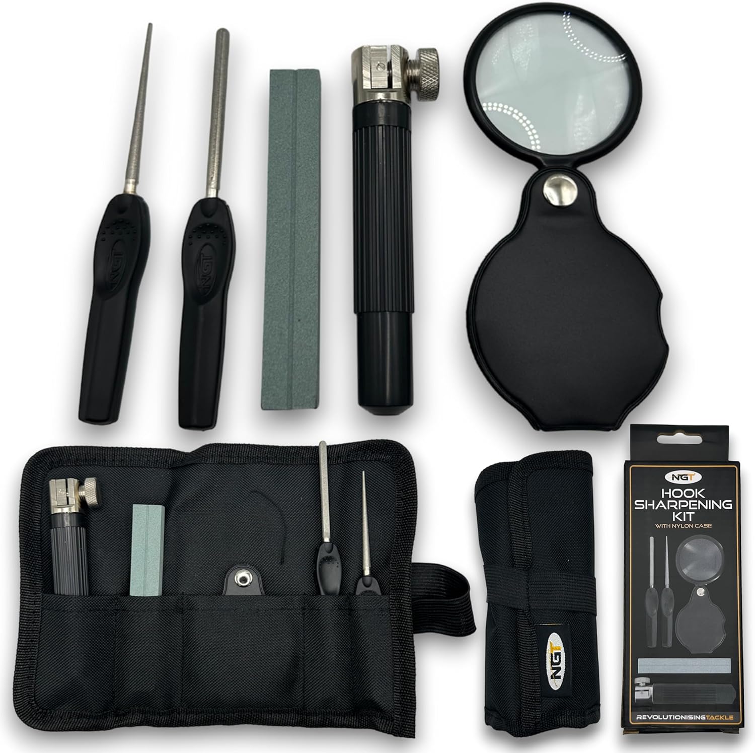 NGT Hook Sharpening Kit File Vice Tool Clamp Magnifying Eye Stone Carp