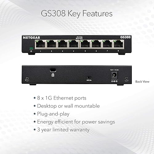 Miniatura 5 de NETGEAR - Conmutador no administrado Gigabit Ethernet de 8puertos (GS308), hub de red doméstica, bifurcador Ethernet de oficina, sin software,