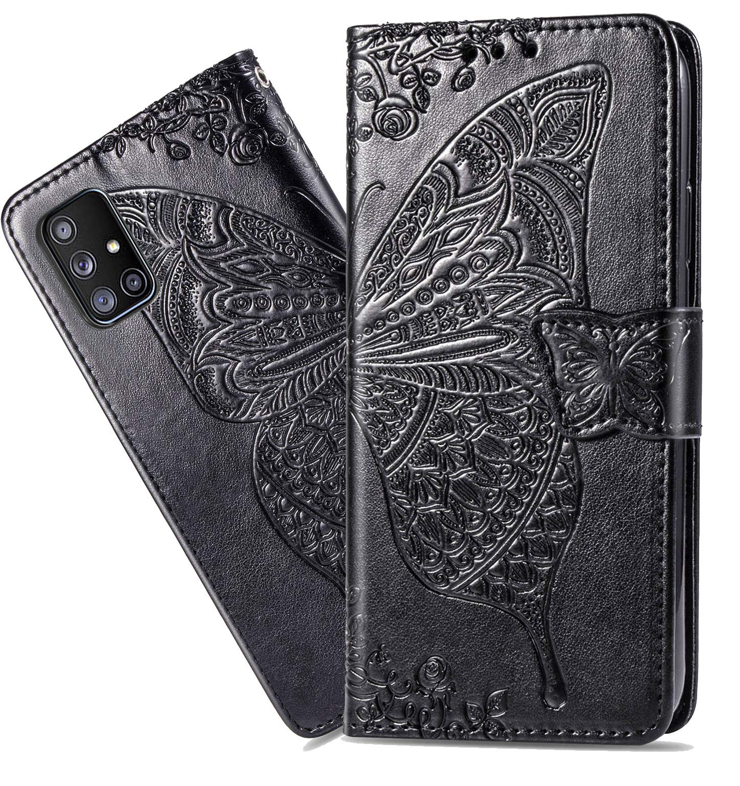 ZYZX Samsung Galaxy A71(5G) 3D Butterfly Flower Wallet Case, Leather Flip Phone Shell w/Credit Cards Slot Shockproof Magnetic Protective Cover for Samsung Galaxy A71 5G HZD Black