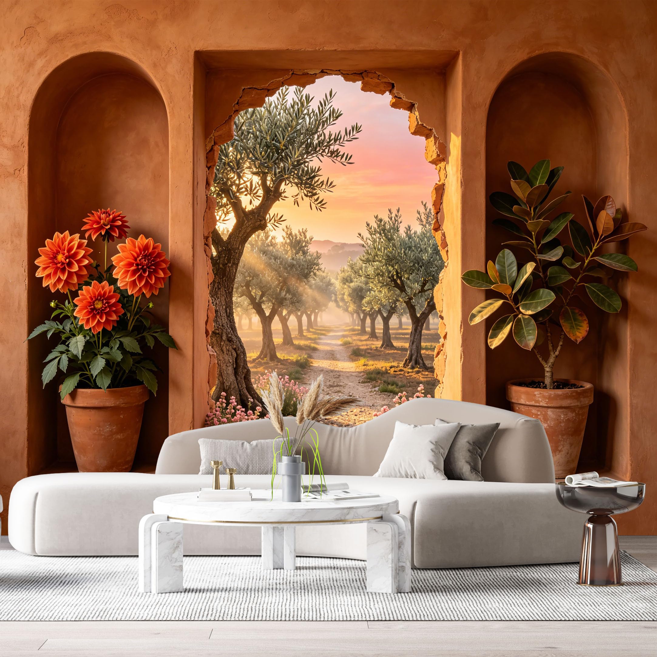 Custom Size Wall Murals Mediterranean Olive Tree Sunset Botanical 3D Trompe L'Oeil SelfAdhesive Wall Fabric Removable Large Wallpaper for Photo Living Room
