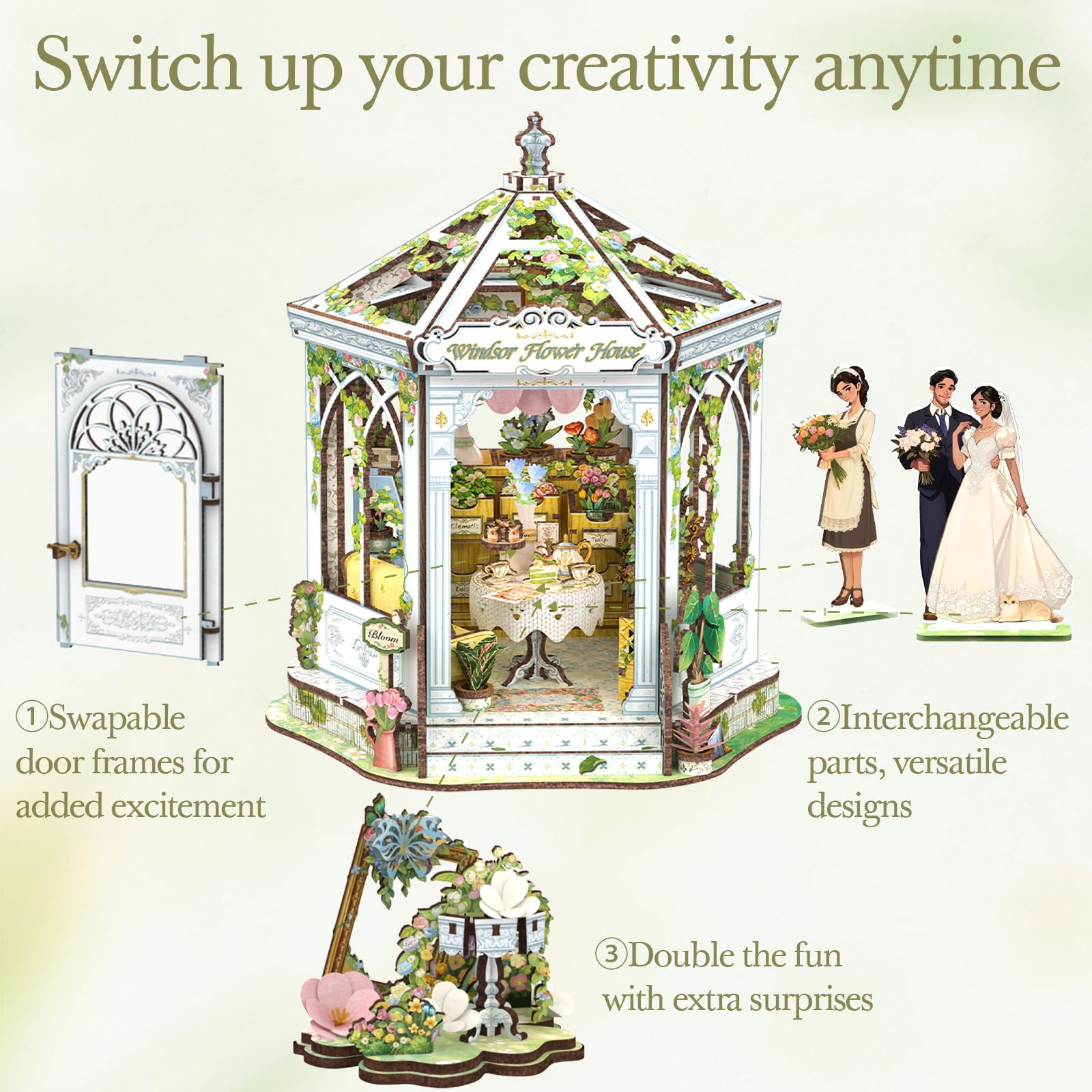 Cutefun DIY Miniature House - Casa delle bambole in legno - Libreria booknook in miniatura per casa delle bambole, con luci a LED decorazione per libreria, The for the lady (Windsor Flower House)