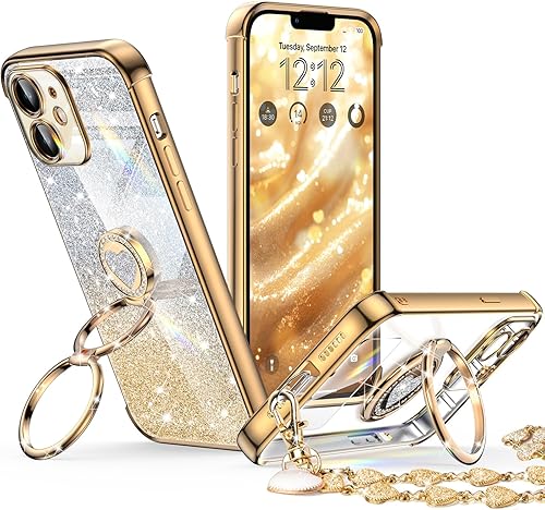 Miniatura 24 de XYZ Funda para iPhone 14 con soporte, funda para teléfono con soporte de doble anillo, para mujeres y niñas, funda transparente con purpurina de Oro