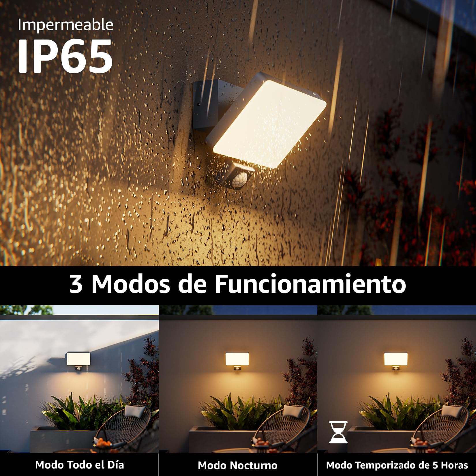K-Bright 24W Aplique Pared Exterior con Sensor de Movimiento IP65 Impermeable Lámpara de Aluminio para Entrada Terraza Pasillo Luz Exterior Pared 3000K Blanco Cálido Antracita