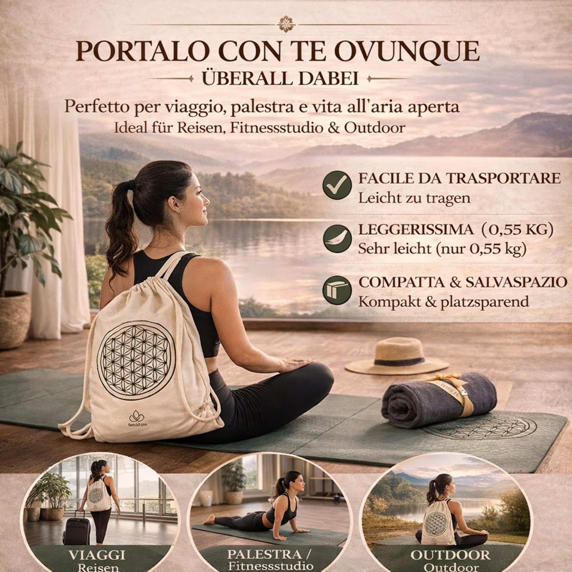 Esterilla de yoga antideslizante plegable de TPE reciclable – Esterilla de yoga de viaje – Esterilla Yoga Pilates Fitness Gimnasio – 183 x 61 cm