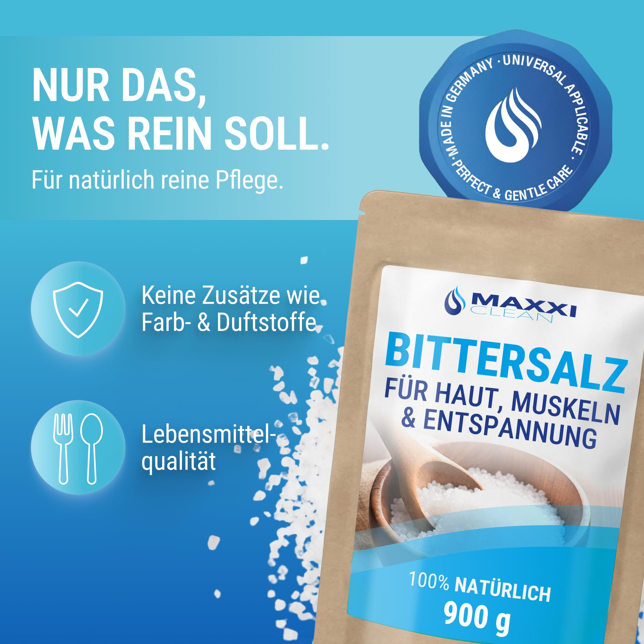 Maxxi Clean | 1 x 900 g wysokiej czystości soli gorzkiej | sól do kąpieli do wellness i peelingu ciała | Sól Epsom Made in Germany | czysty relaks dla mięśni, skóry i duszy | magnez nadaje się do