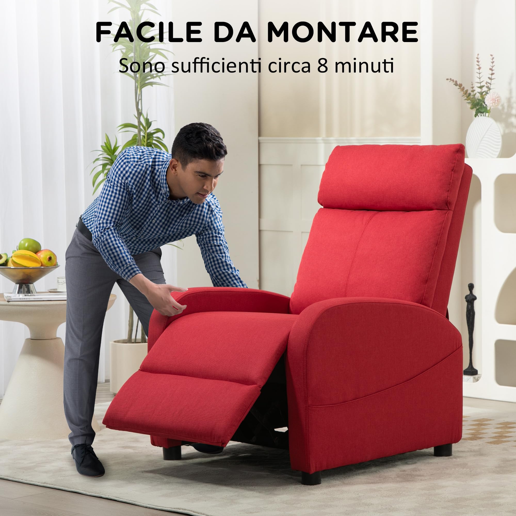 HOMCOM Poltrona Relax Reclinabile Manuale con Poggiapiedi, Poltrona Reclinabile in Tessuto Effetto Lino per Camera da Letto, Salotto e Soggiorno, Rosso