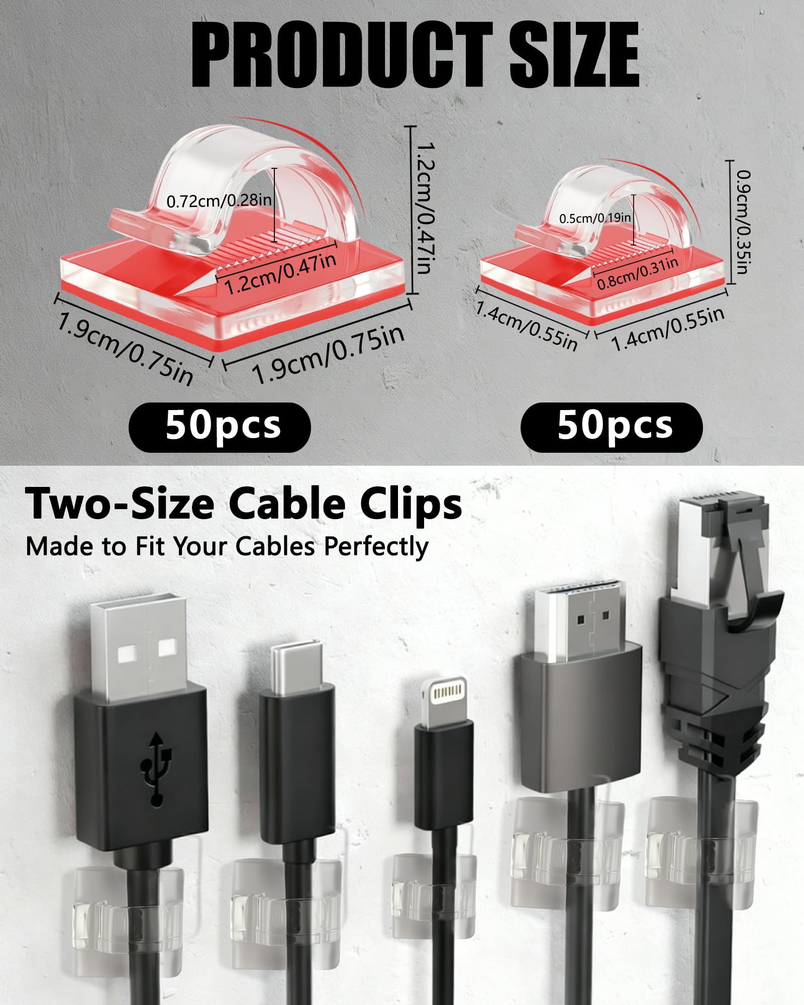 Clips Câbles Autocollants sans Perçage 100 PCS, Adhésif Fort sans Trace, Rangement Cable pour Bureau Mur Guirlande, Transparent