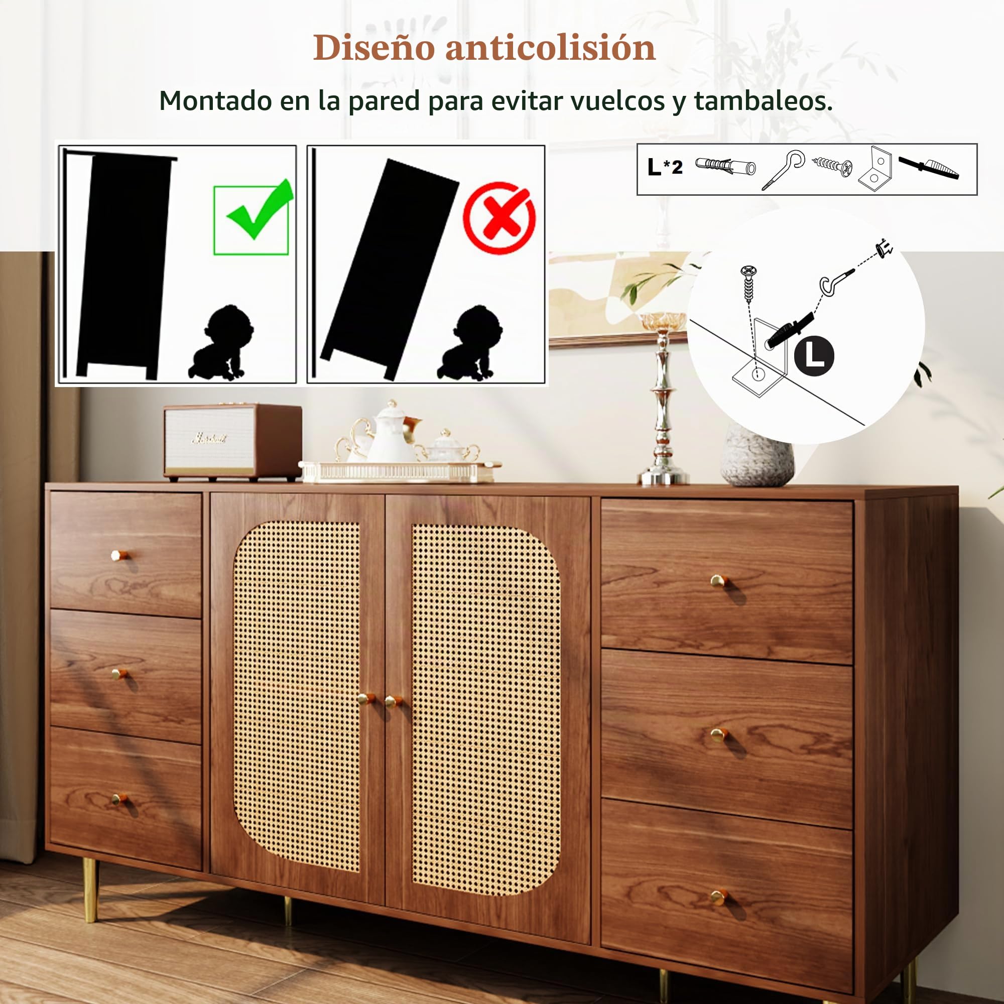 Lexiou Aparador de ratán con cajón, armario de madera independiente, cocina, hogar, salón, marrón, 160 x 40 x 90 cm