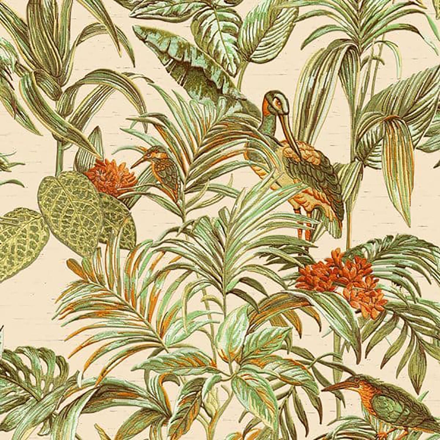 Sample Cream Green Orange Tropical Wallpaper Birds Palm Textured Paste The Wall Vinyl