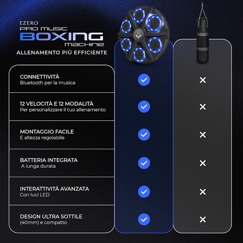 Aparat de box muzical Ezero Beat Punch pentru antrenament acasă, 12 niveluri, cu panou LED interactiv Bluetooth și accesorii pentru îmbunătățirea reflexelor