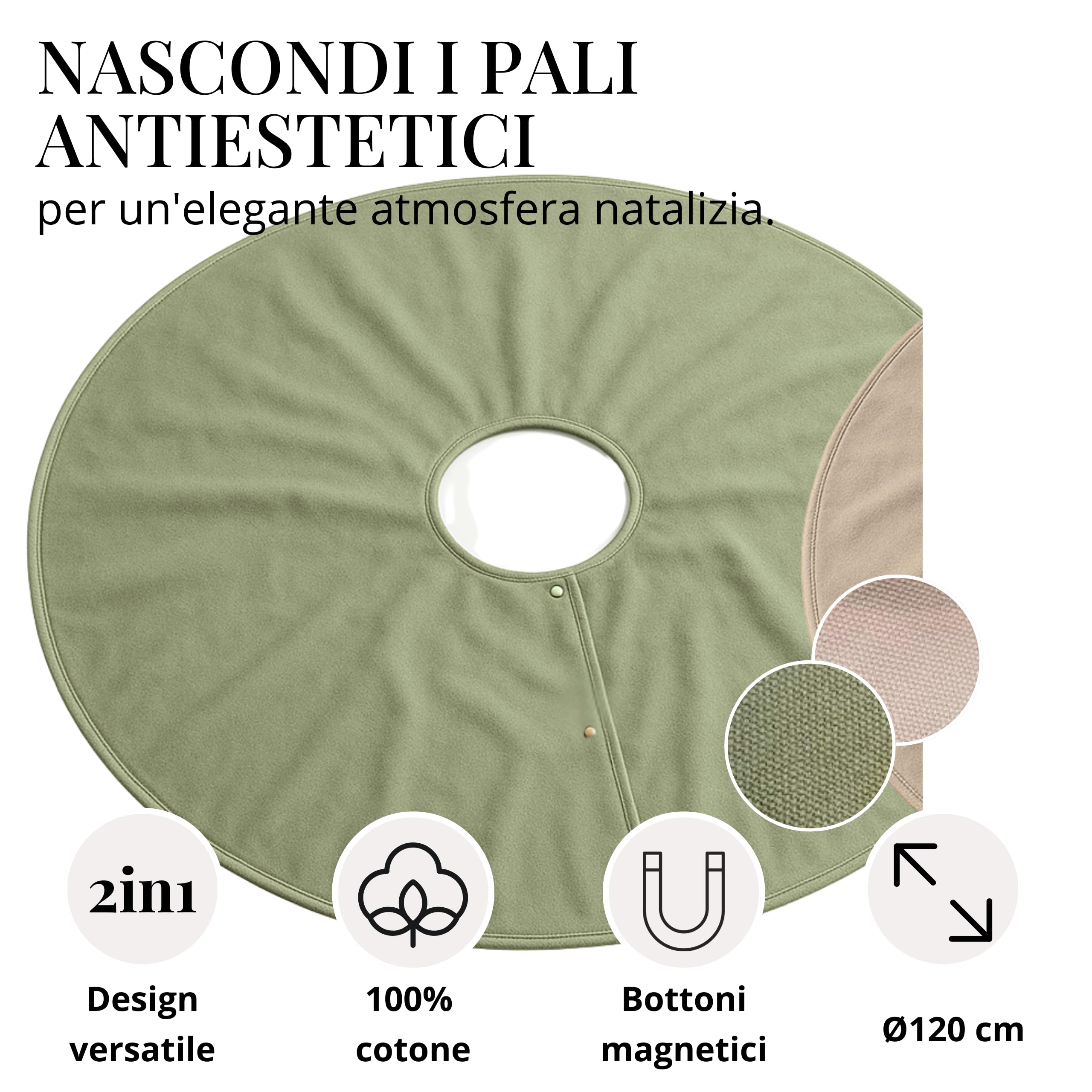LIVLIG Gonna per Albero di Natale Ø120 cm in 100% Cotone Beige/Verde – Tappeto Rotondo Reversibile 2-in-1 con Bordo Dorato, Copertura Decorativa per Il Piede dell’Albero