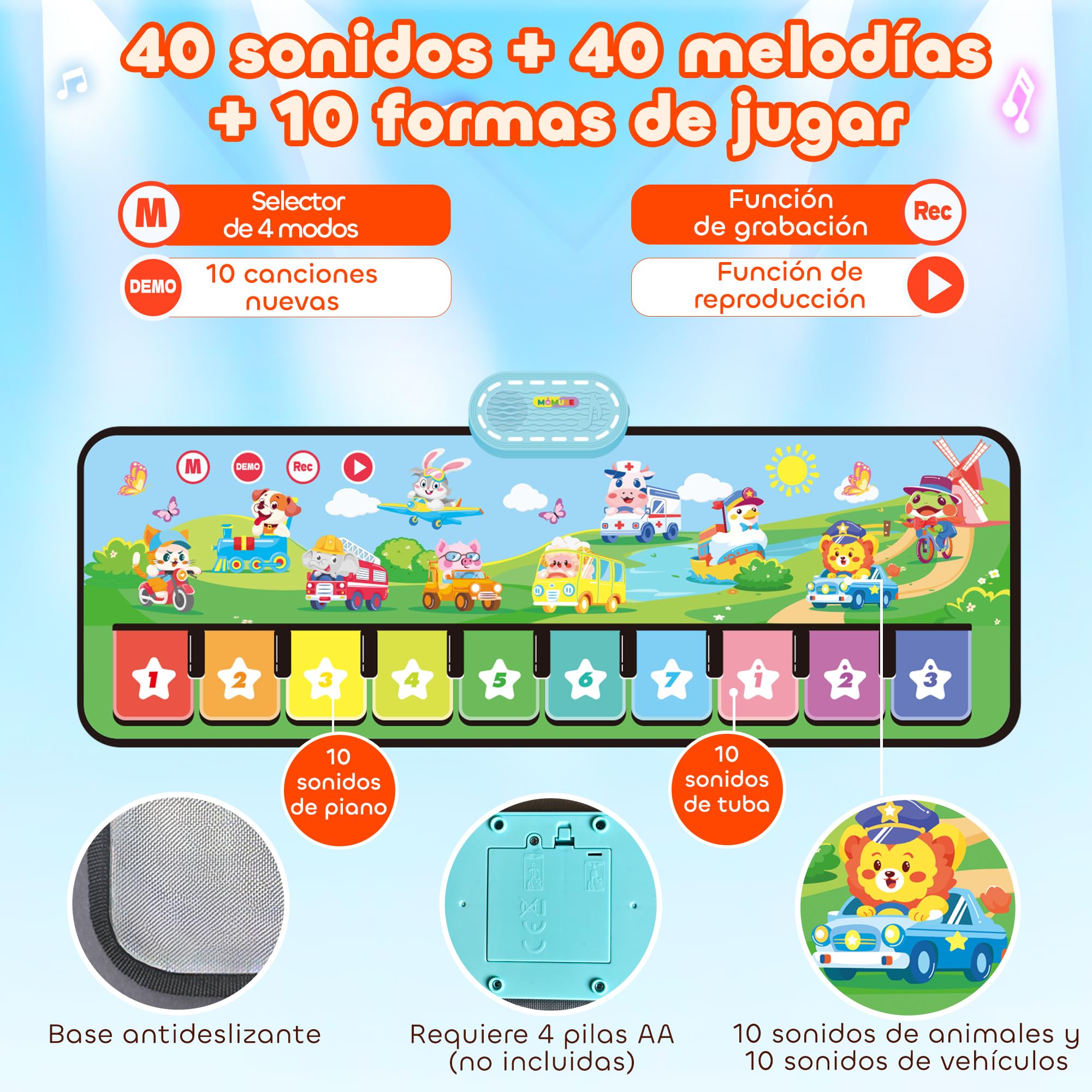 MOMUSE Alfombra Musical con 80 Sonidos, Alfombra de Piano con 10 Animales y 10 Coches, Juguetes Musicales Alfombra de Baile Regalos para Niños Niñas 1 2 3 Años