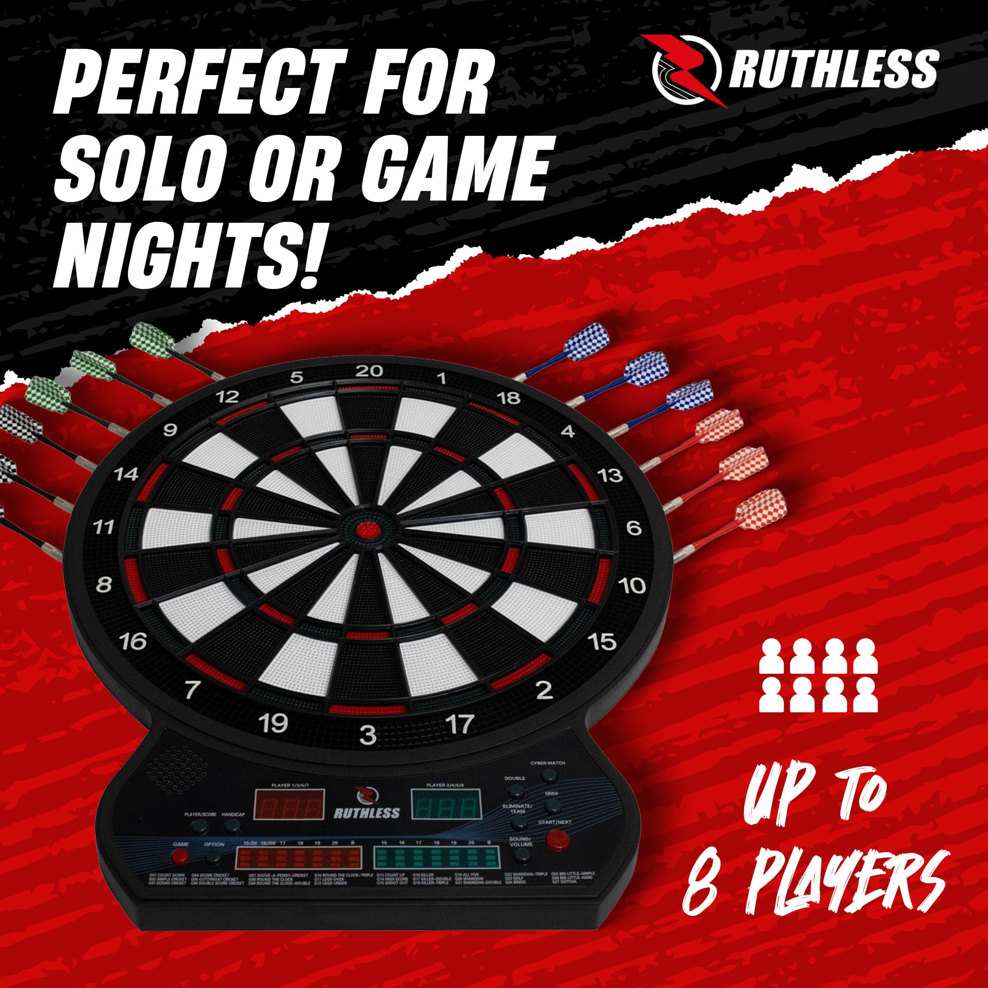 Ruthless - Ruthless R600 Electronic Dartboard - Soft Tip - inc 4 Sets of Darts - 8 players-27 Games