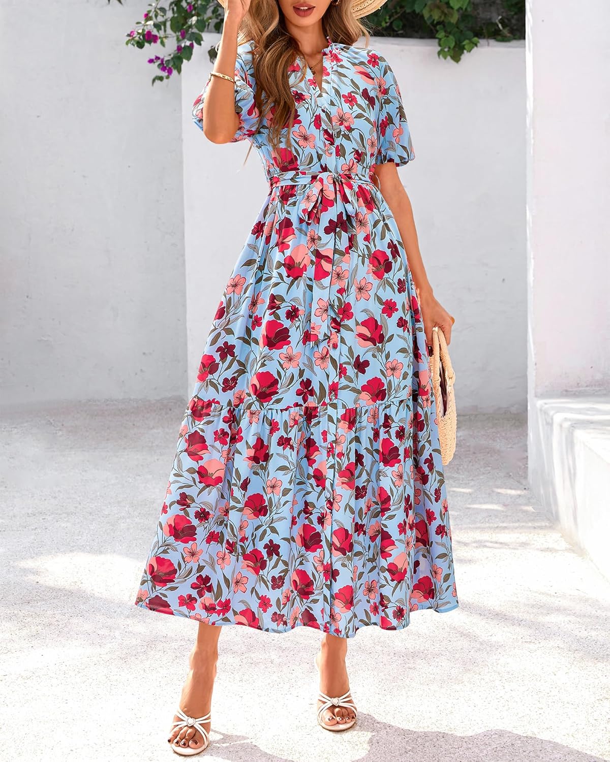 BTFBM Summer Dresses for Women 2026 Boho Short Sleeve V Neck Button Belt Flowy Spring Clothes Beach Vacation Maxi Dress - Image 6