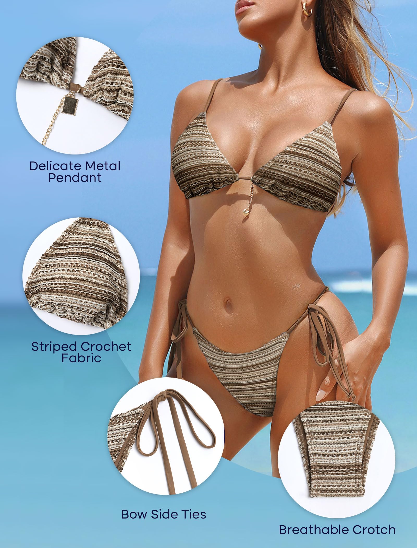 ZAFUL Crochet Bikini Sets for Women Cheeky Two Piece Bathing Suits Striped Brazilian High Cut Knit Swimsuit Tie for Vacation: Medium A-brown