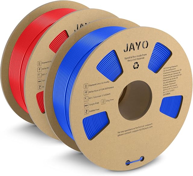 JAYO Filament do drukarki 3D PLA+, filament PLA Plus 1,75 mm, 2,2 kg, 2 szpule PLA+ niebieski + czerwony, filament o zwiększonej wytrzymałości, dokładność wymiarowa +/- 0,02 mm