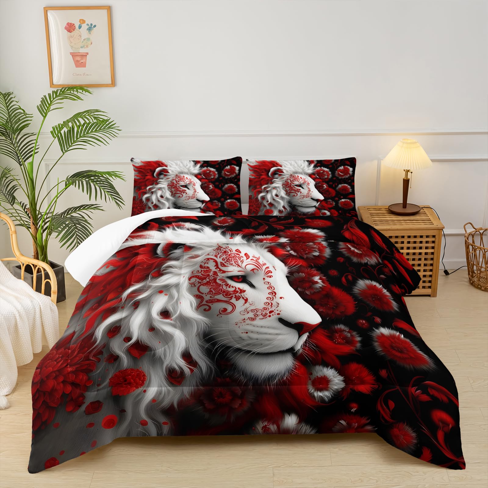 Red and Black Lion Queen Size Comforter Set for Men，Queen Size Quilt Bedding Set Floral，with 1 Comforter with 2 Pillow Case