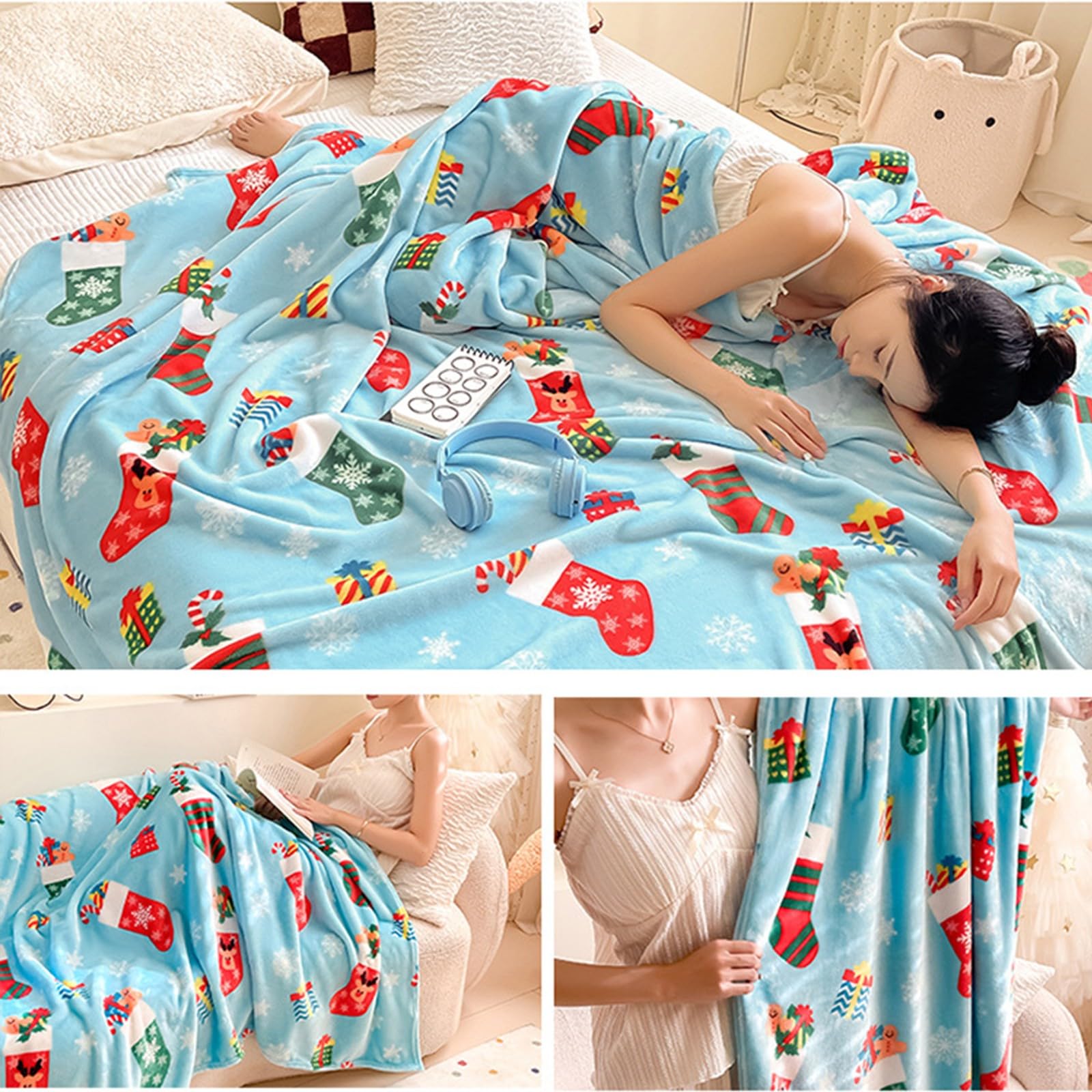 Manta navideña roja, Manta navideña Ultra Suave, acogedora, Decorativa, cálida y de Invierno para sofá, Cama y decoración(Socks, 71"x79")
