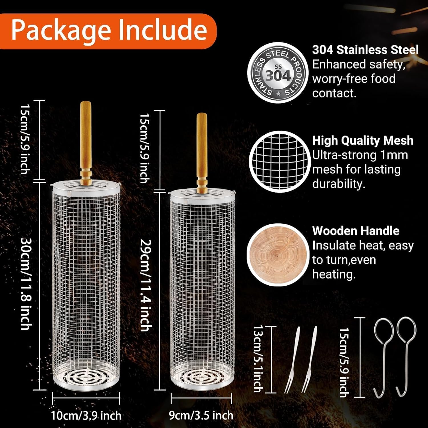 Set 2 Cestelli per Griglia Impilabile Rotanti, Acciaio Inossidabile 304, Manici in Legno Rimovibili, Ideali per Verdure, Gamberetti, Pesce e Carne, Antiruggine, Regalo Perfetto per BBQ