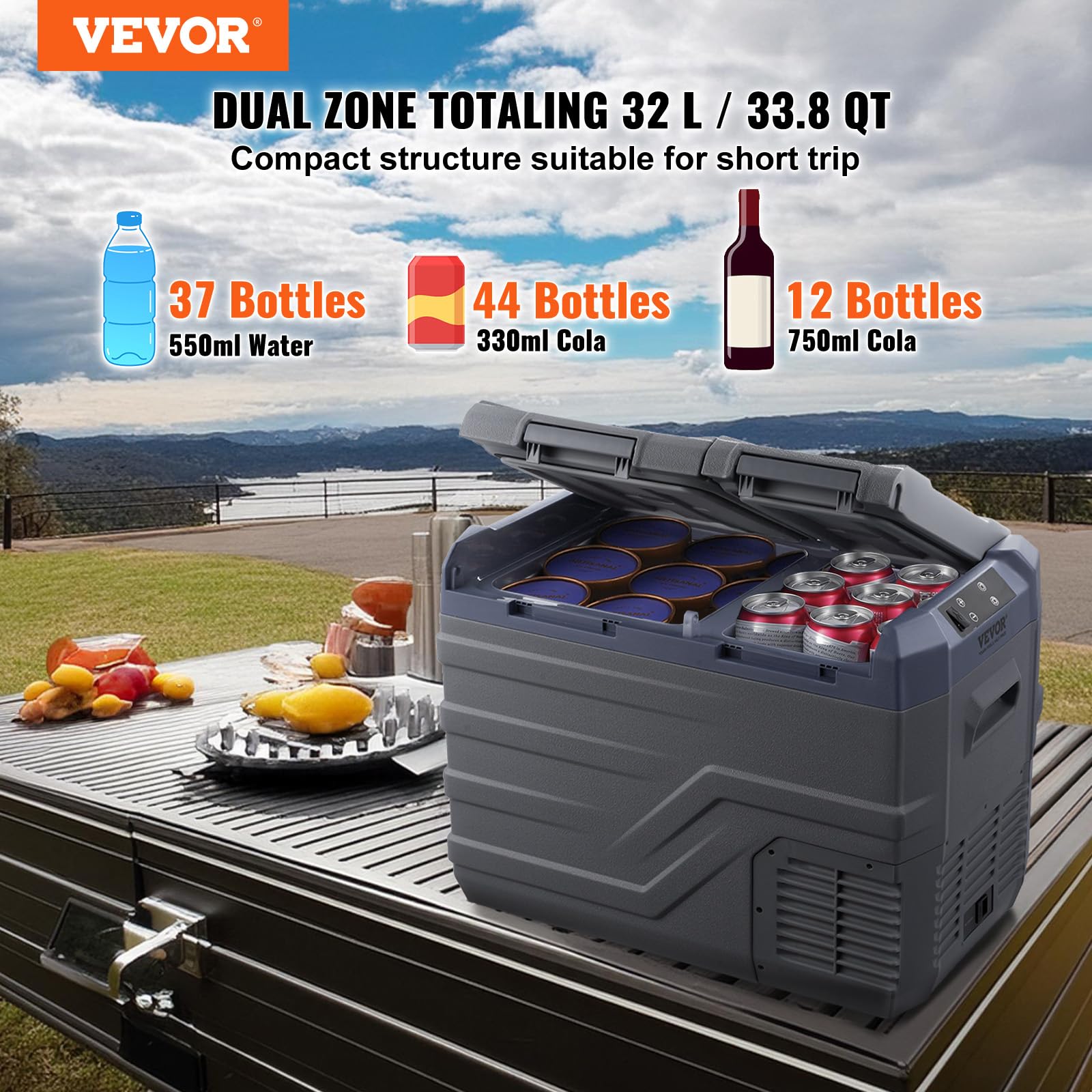 VEVOR Frigorifero per Auto, Congelatore Portatile Doppia Zona 32 L, 12 Volt, Gamma Regolabile da -20~20 ℃, Dispositivo di Raffreddamento a Compressore 12/24 V CC e 100-240 V CA per Campeggio Camper