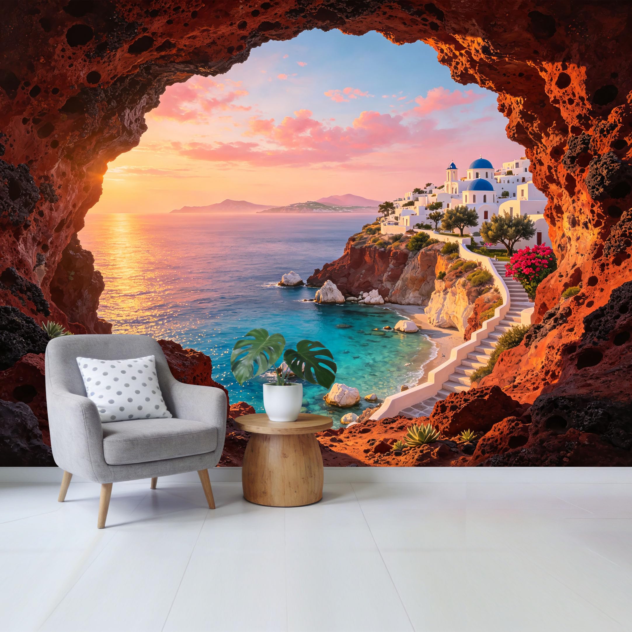 Custom Size Wall Mural Coastal Sunset Seaside Village View Through Rocky Cave Removable Self Adhesive Fabric Home Wall Decor for Living Room Bedroom Bathroom