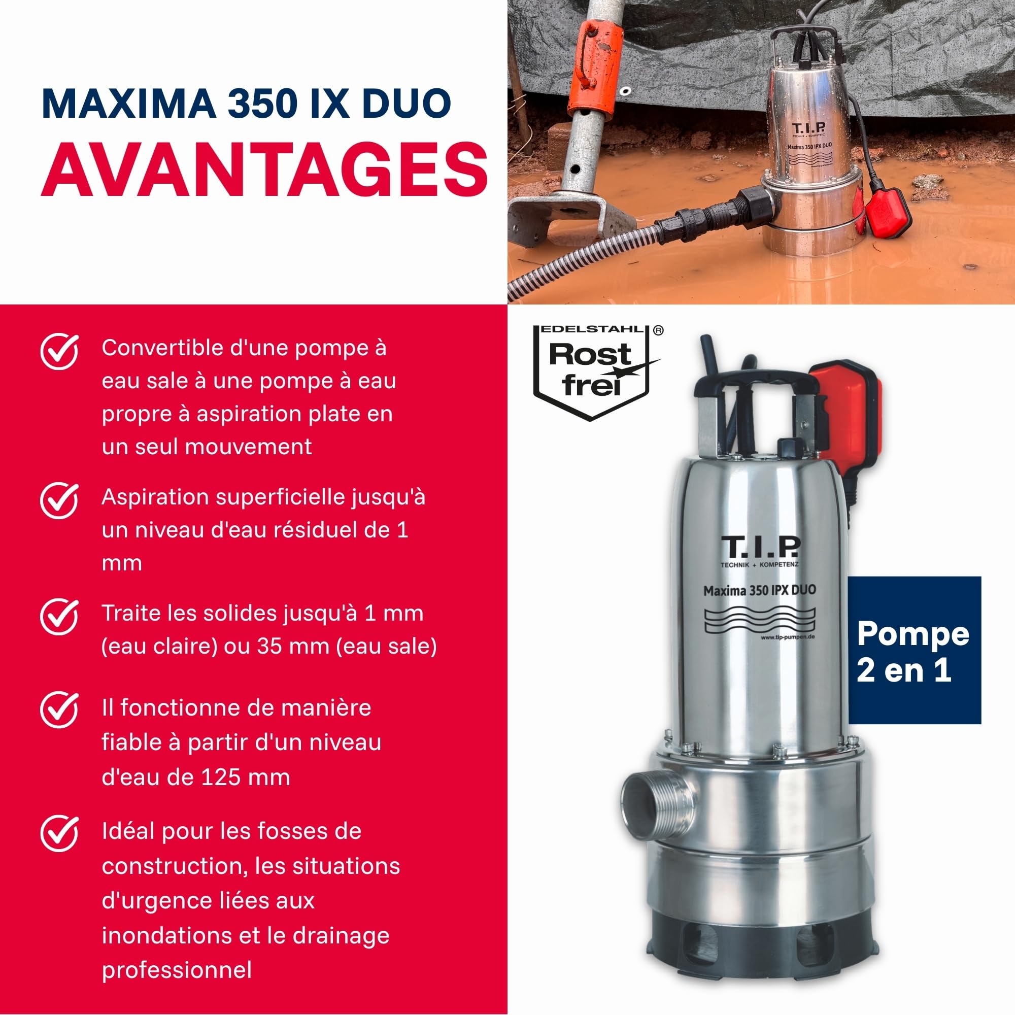 T.I.P. Maxima 350 IPX Pompe Submersible pour Eaux Usées en Acier Inoxidable avec Pied Extensible et Poignée Débit 20000 l/h Hauteur de Refoulement 8 m Puissance nominale 800 Watts Couleur Argent