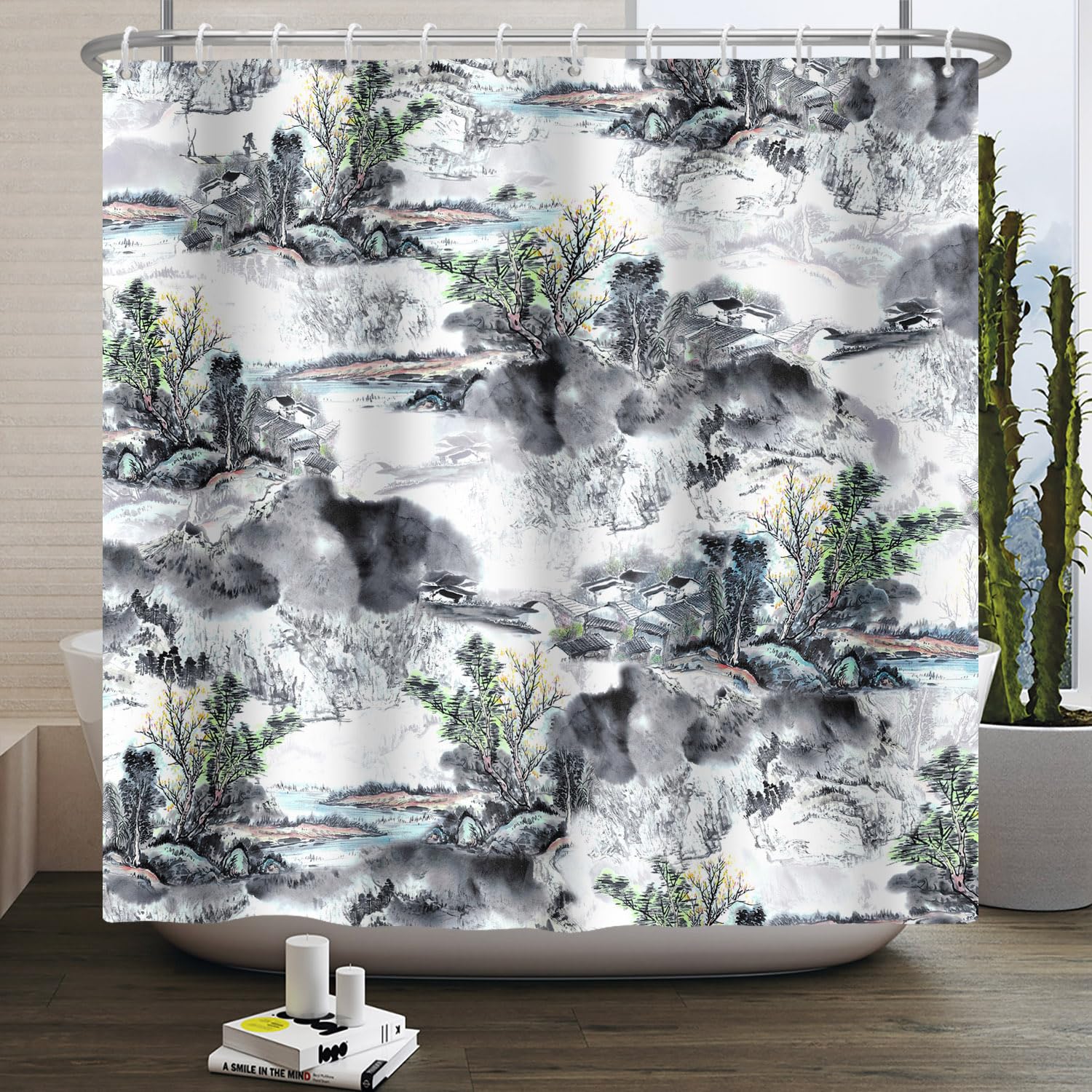 SDOTPMT 180x243cm Asian Scenic Shower Curtain Japanese Ink Painting Landscape Tradition Ancient Village Tribe Trees Stone Fabric Waterproof Polyester Curtains Bathroom Set with Hooks