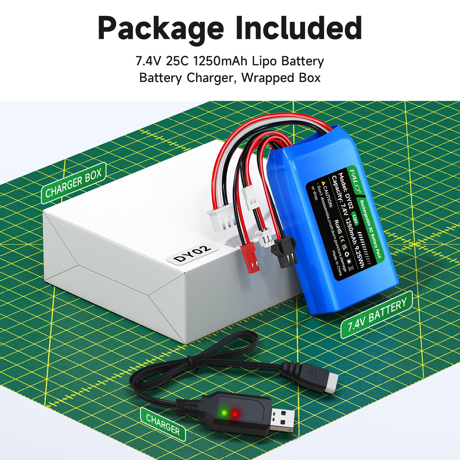 Batteria 7,4 V Lipo 1250 mAh PH2.0/JST/SM-2P/MX2.0 batteria 25C, Spina bilanciata XH2.54-3P & caricatore USB, per WLtoys RC Crawler SCX24 CR18P FCX18 FCX24, per RC Auto Boat Aereo, 2 pezzi