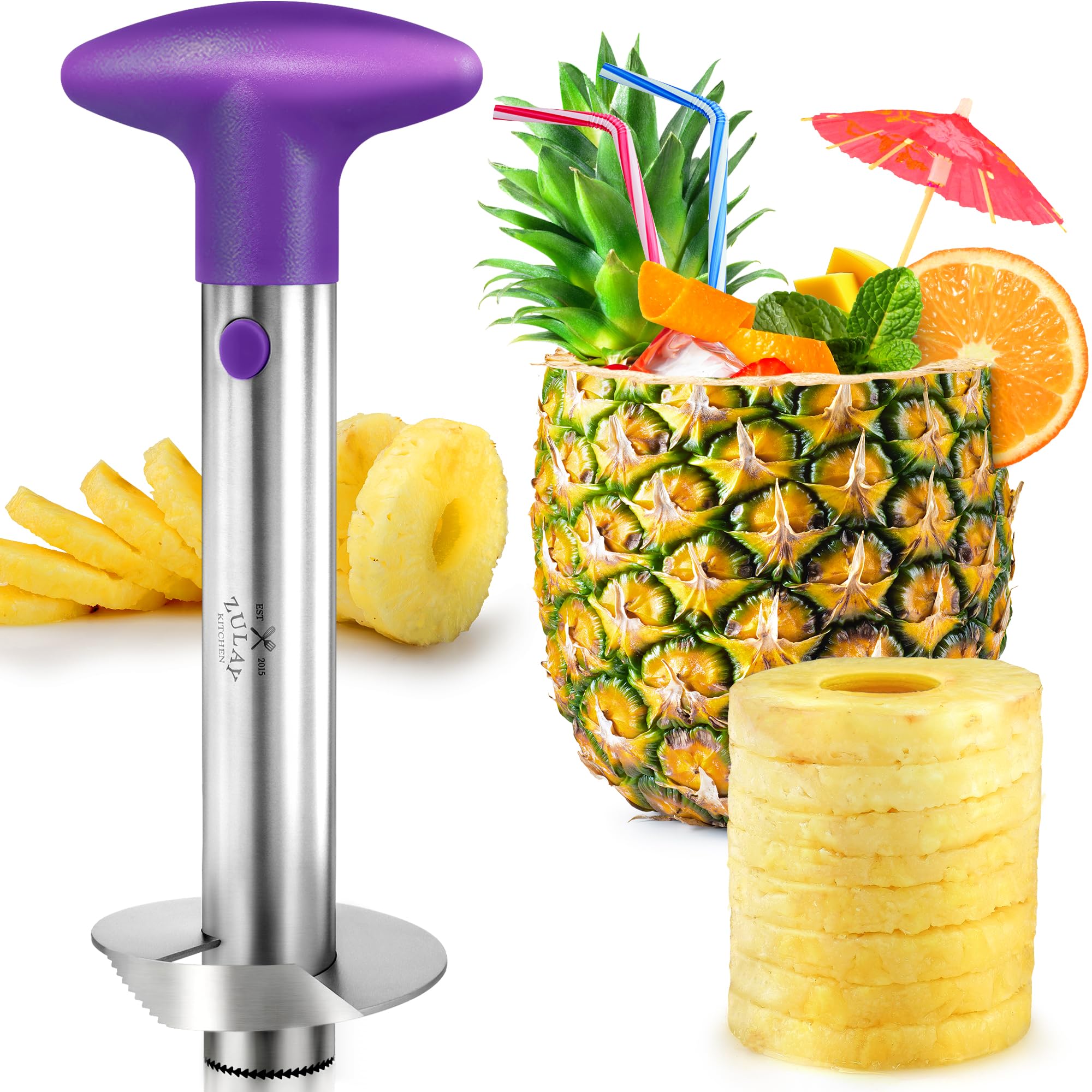 Stainless Steel Pineapple Corer & Slicer + Eye Removal Tool – Heavy Duty Pineapple Cutter with Reinforced Blade – Effortless Pineapple Core Remover & Slicer - Purple
