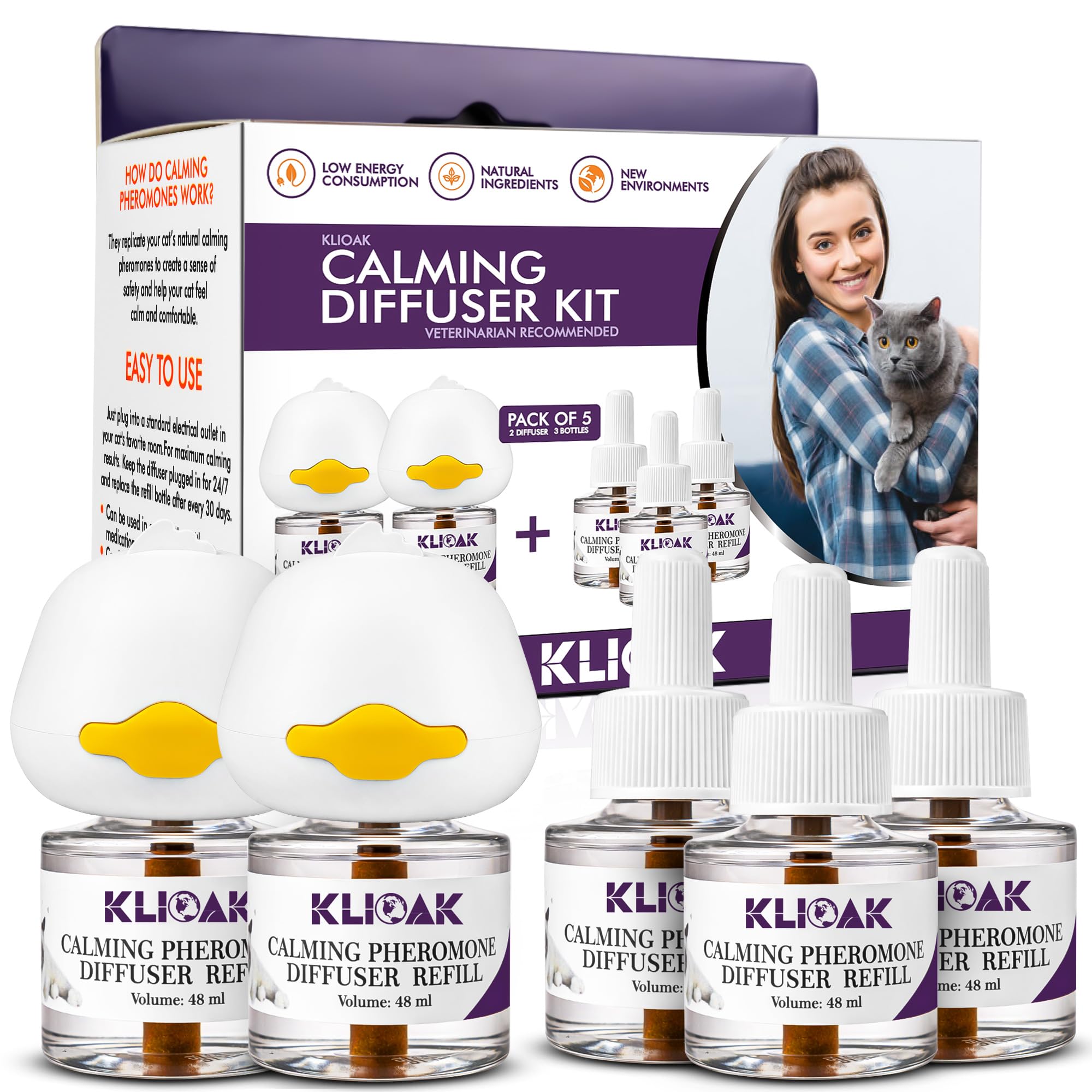 Cat Calming Diffuser 5 Pack Includes 2 Diffusers Machines & 3 Refills Pheromone Plug-In for Cats Reduce Anxiety Aggression Stress Scratching & Spraying Long Lasting Calming Diffuser Kit for All Cats