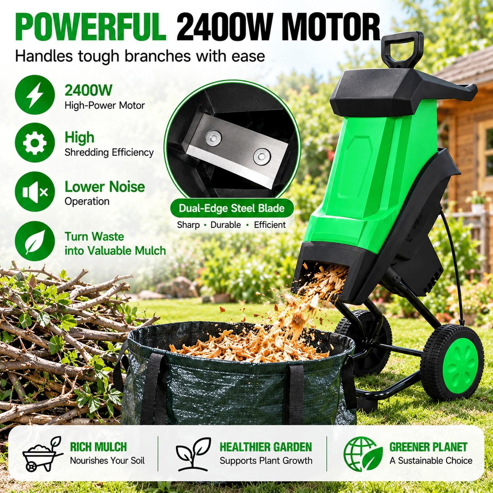 Trituradora de ramas, trituradora de hojas, trituradora de madera de 2400 W