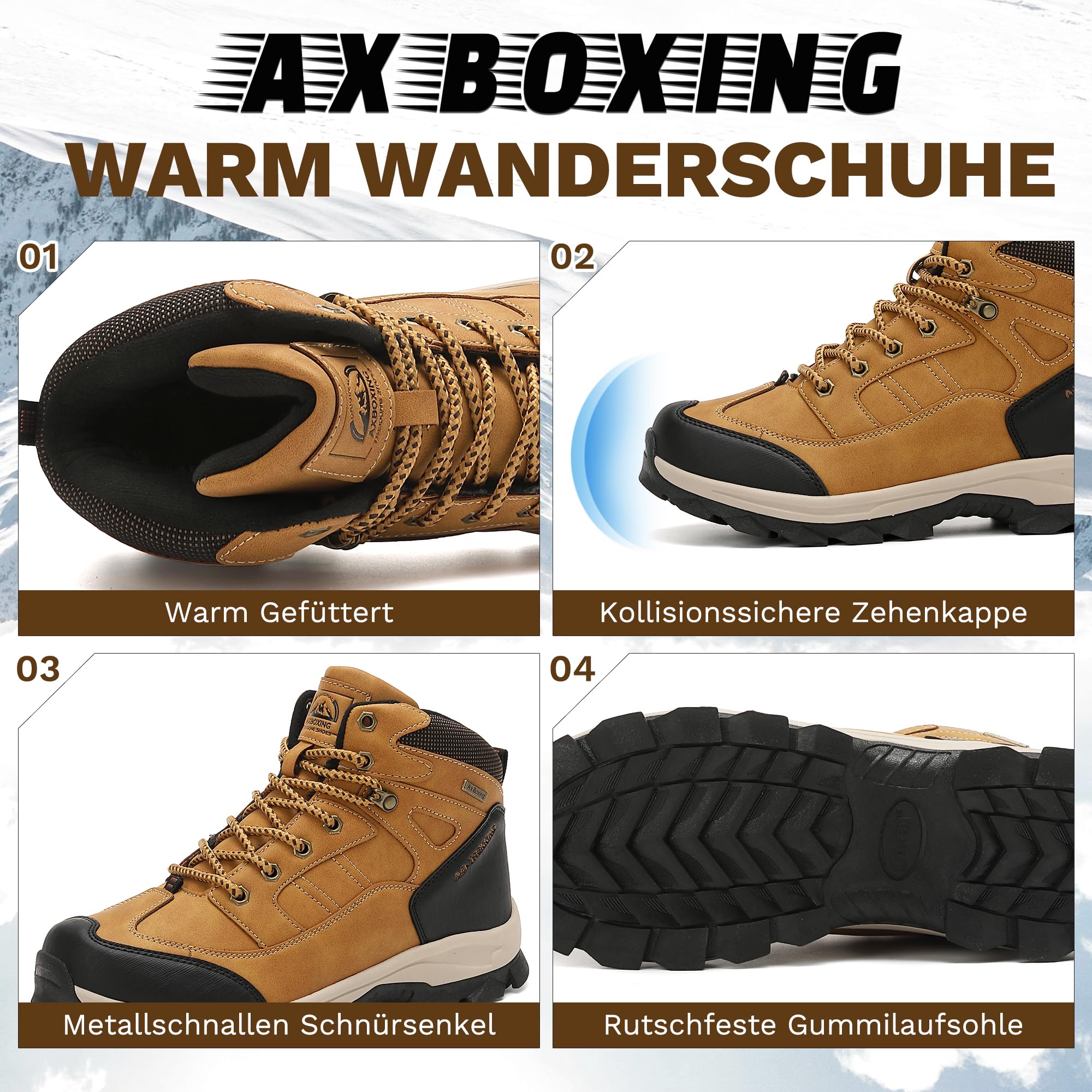 AX BOXING Winterschuhe Herren Gefüttert Winterstiefel Wanderschuhe Rutschfeste Warm Schneestiefel Outdoor Trekkingschuhe 41-46 EU