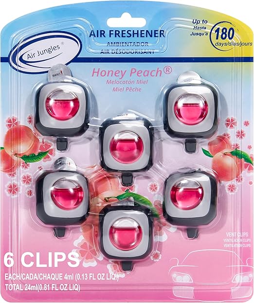 Air Jungles Honey Peach Scent Car Air Freshener Clip, 6 Vent Clips, 4ml Each, Long Lasting Air Freshener, Up to 180 Days Car Refresher Odor Eliminator