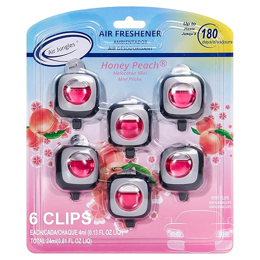 Air Jungles Honey Peach Scent Car Air Freshener Clip, 6 Car Freshener Vent Clips, 4ml Each, Long Lasting Air Freshener for Car, Up to 180 Days Car Refresher Odor Eliminator